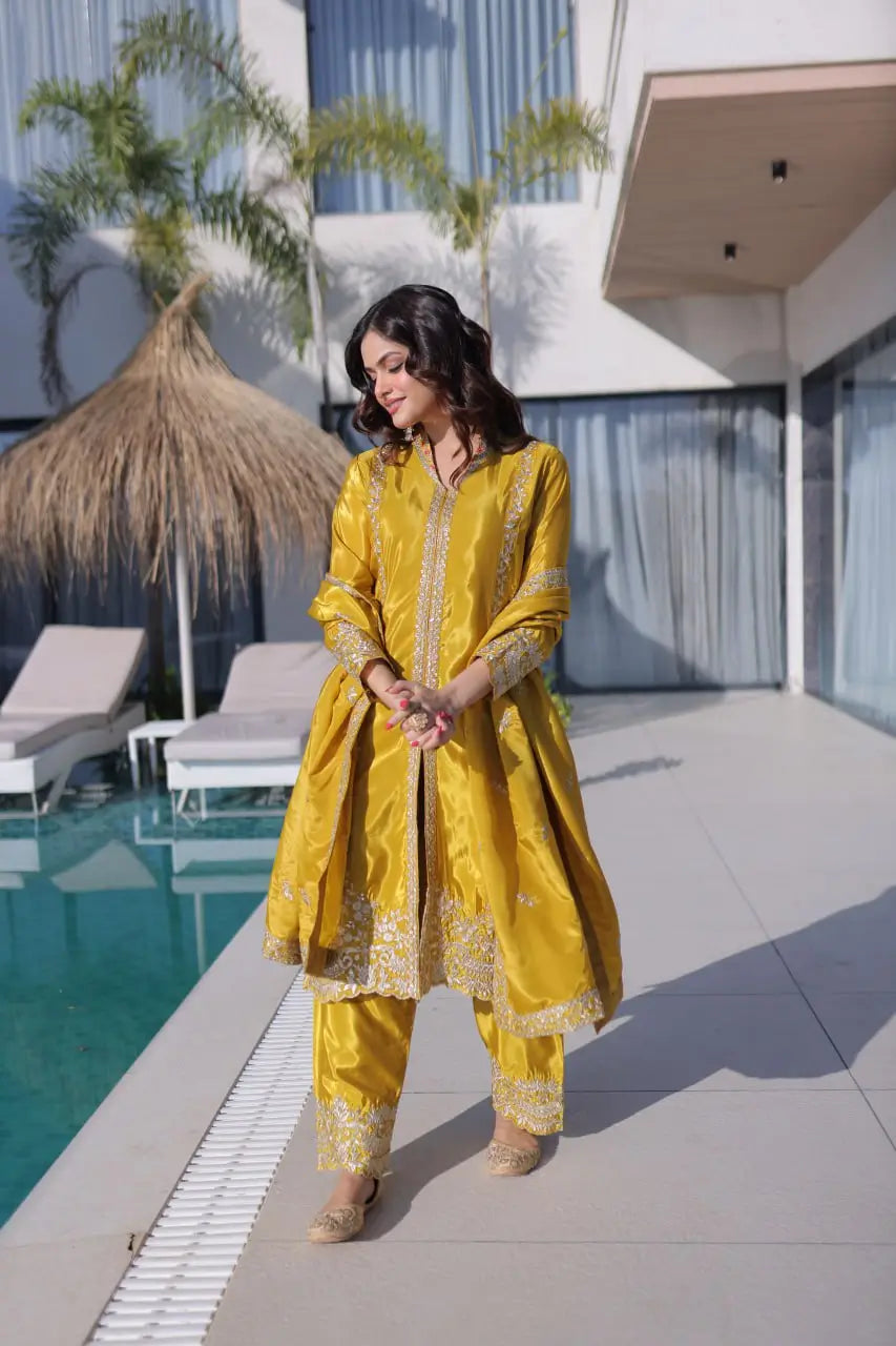 Sunshine Yellow Zari Embroidered Kurti Pant Dupatta Set for Festive and Wedding Wear