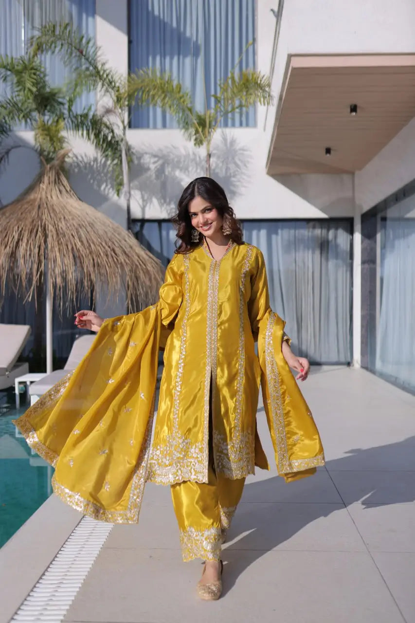 Sunshine Yellow Zari Embroidered Kurti Pant Dupatta Set for Festive and Wedding Wear