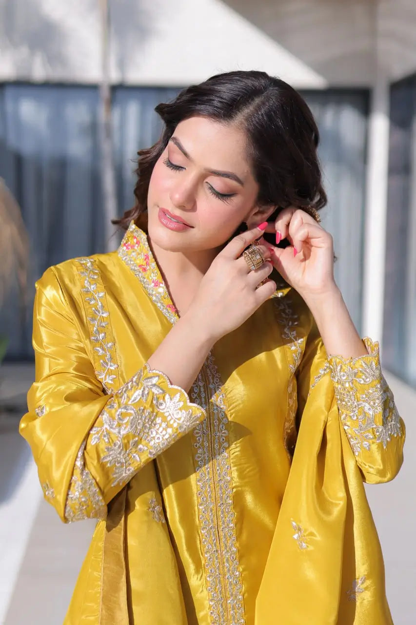 Sunshine Yellow Zari Embroidered Kurti Pant Dupatta Set for Festive and Wedding Wear