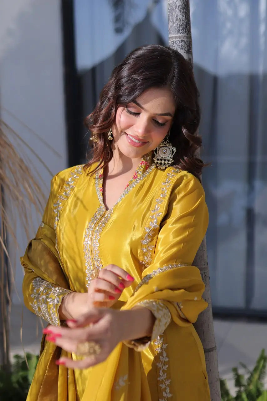 Sunshine Yellow Zari Embroidered Kurti Pant Dupatta Set for Festive and Wedding Wear