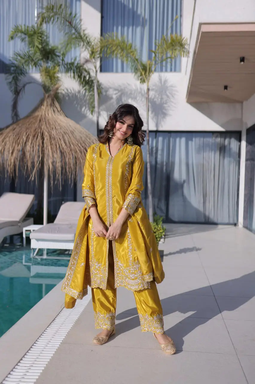 Sunshine Yellow Zari Embroidered Kurti Pant Dupatta Set for Festive and Wedding Wear