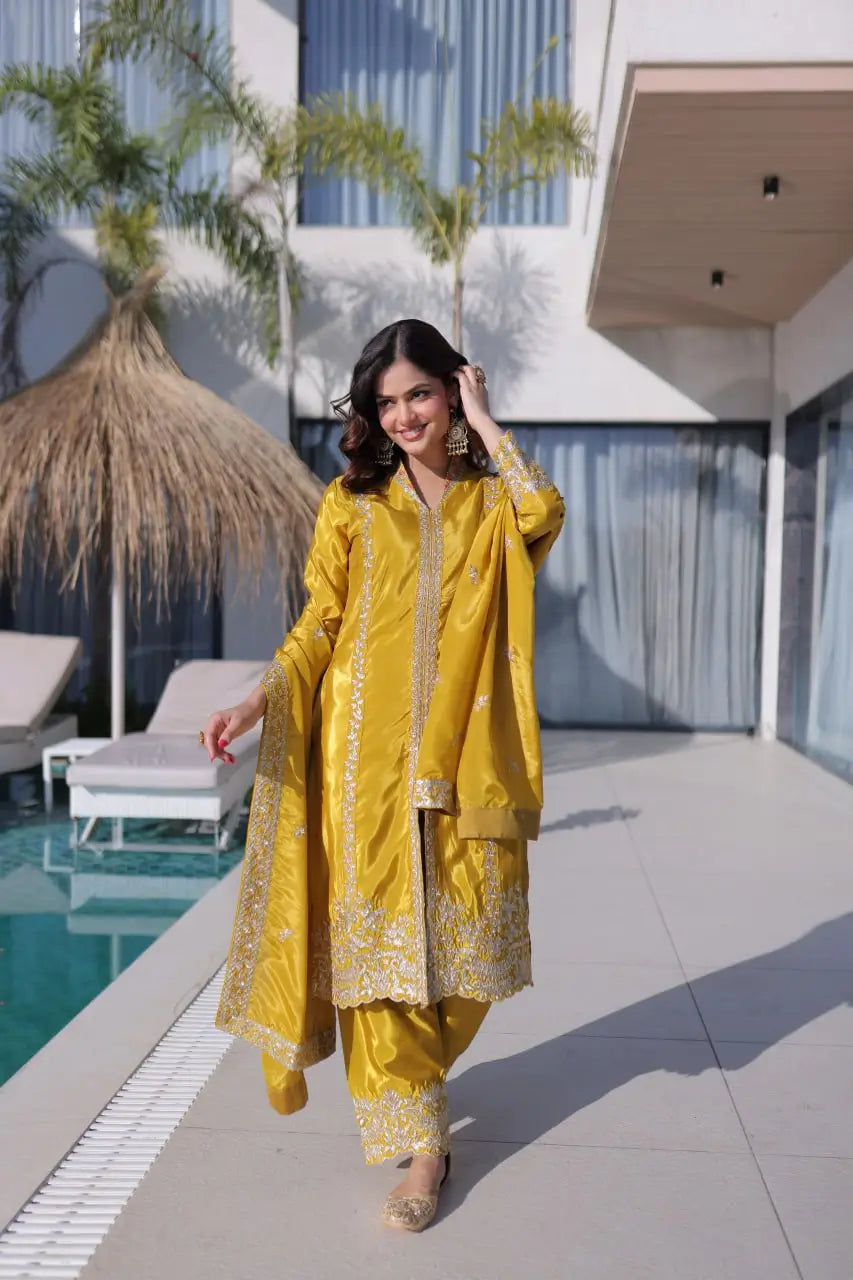Sunshine Yellow Zari Embroidered Kurti Pant Dupatta Set for Festive and Wedding Wear