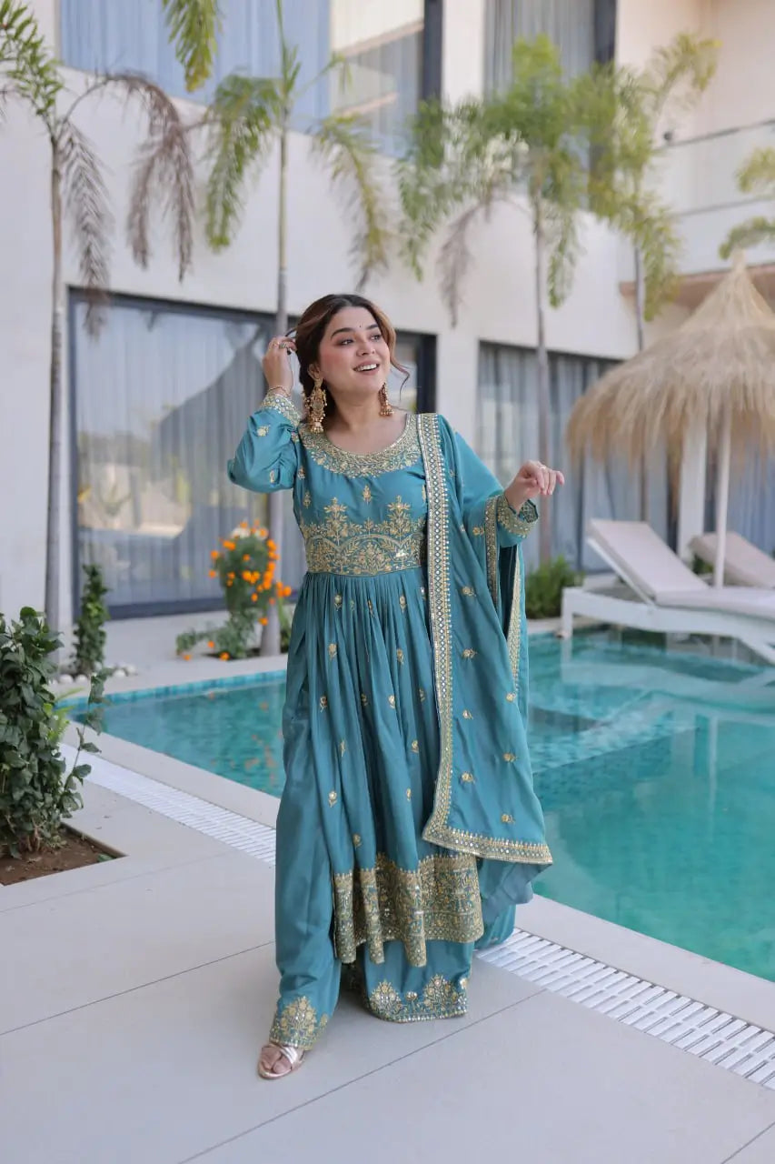 Super Silk Embroidered Kurti Sharara Set