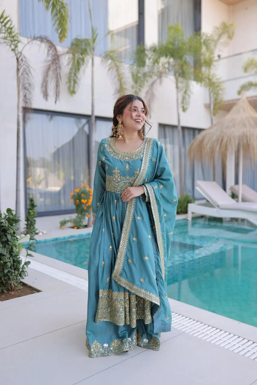 Super Silk Embroidered Kurti Sharara Set