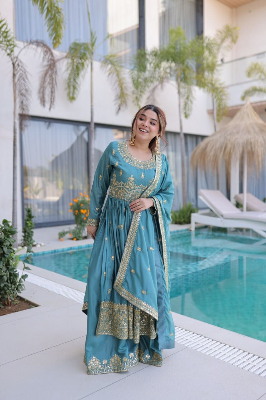 Super Silk Embroidered Kurti Sharara Set