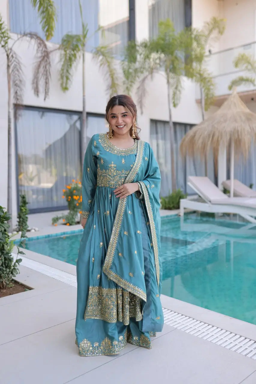 Super Silk Embroidered Kurti Sharara Set