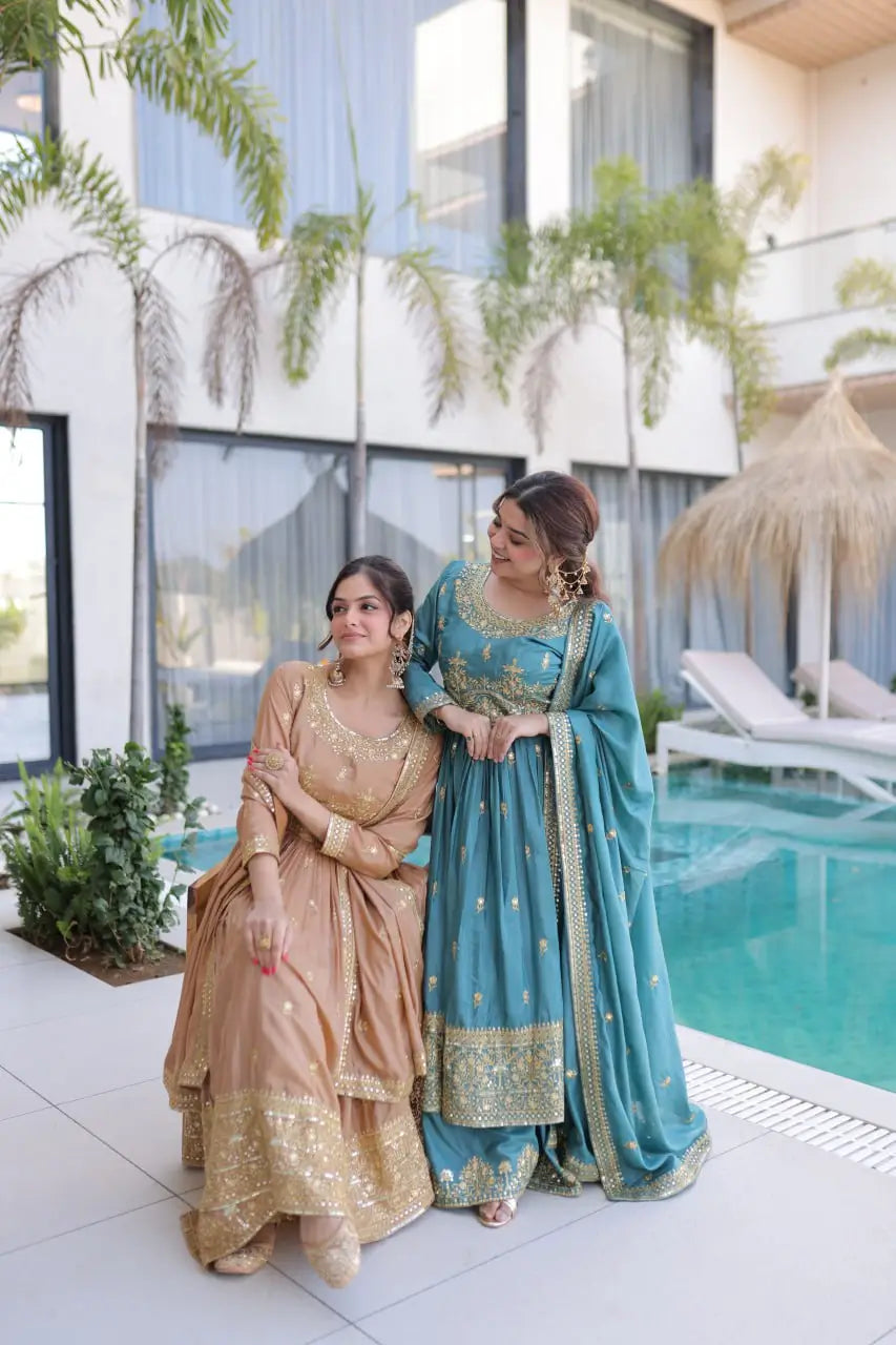 Super Silk Embroidered Kurti Sharara Set