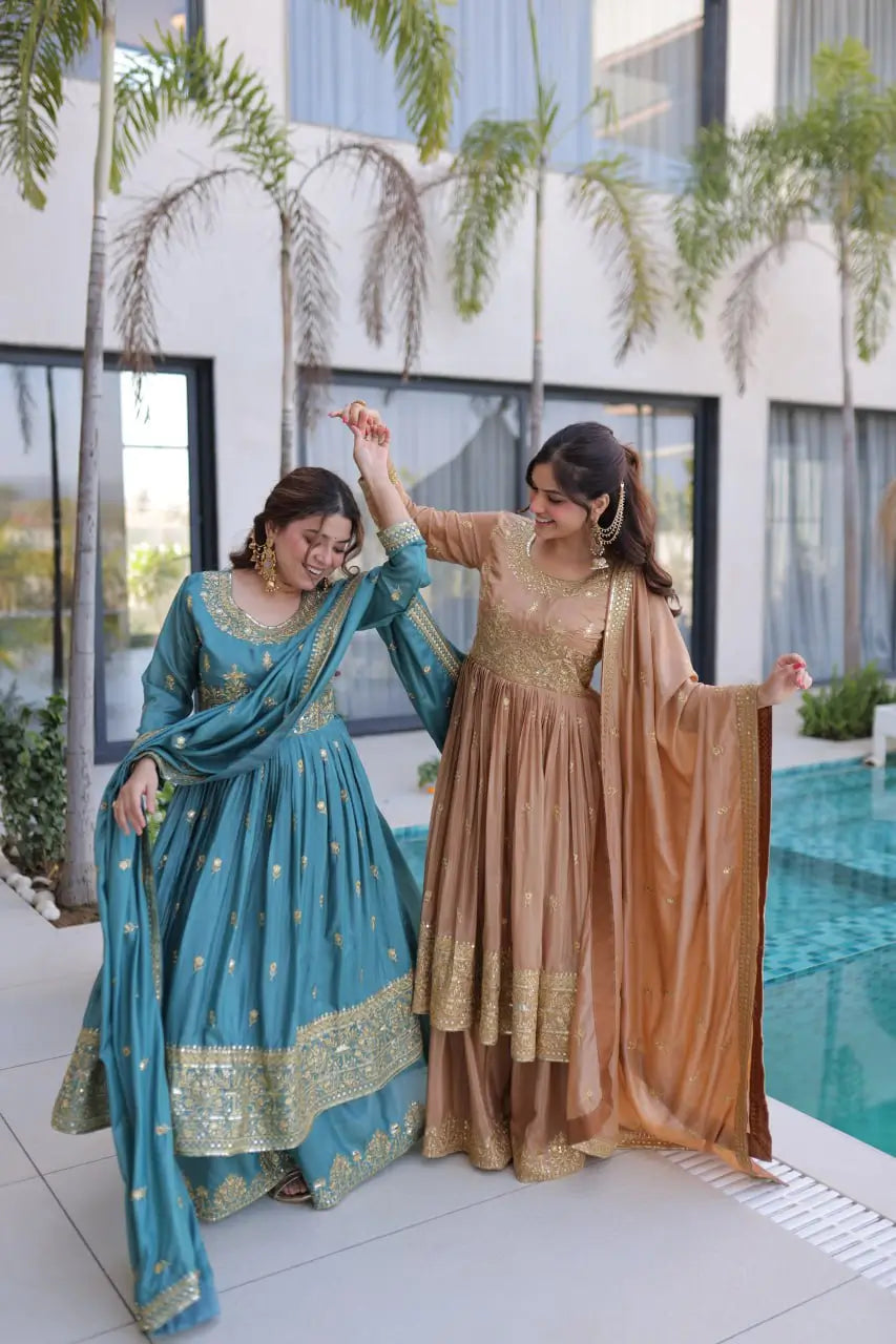 Super Silk Embroidered Kurti Sharara Set