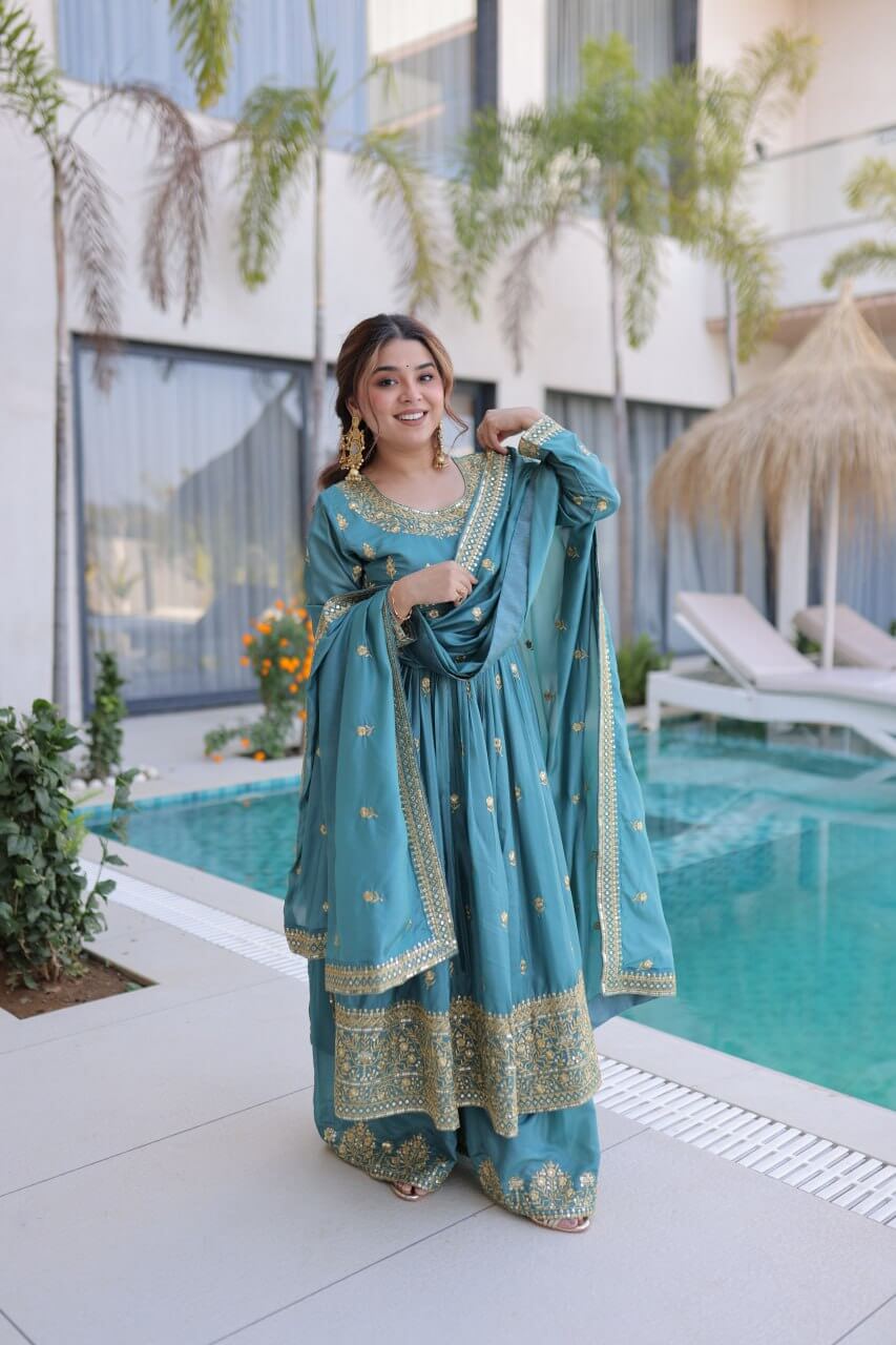 Super Silk Embroidered Kurti Sharara Set