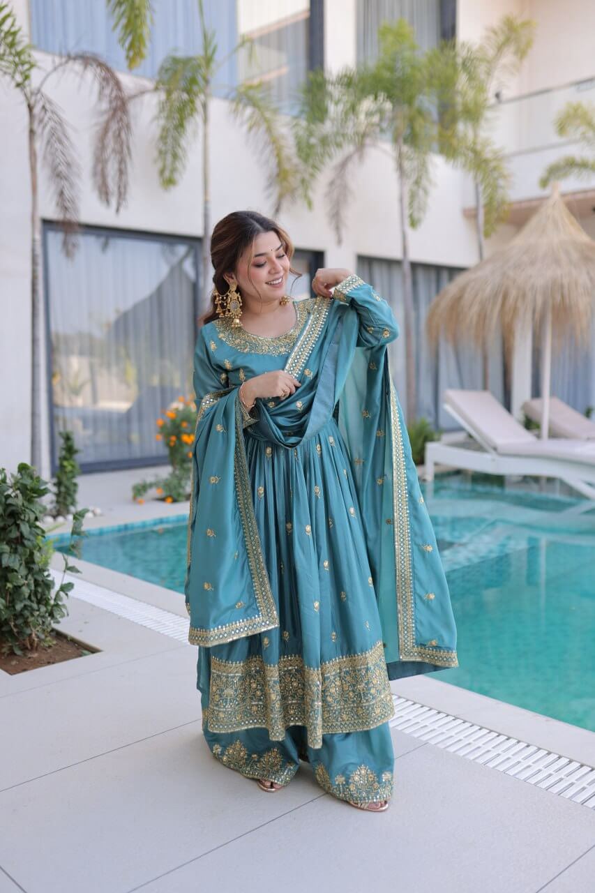 Super Silk Embroidered Kurti Sharara Set