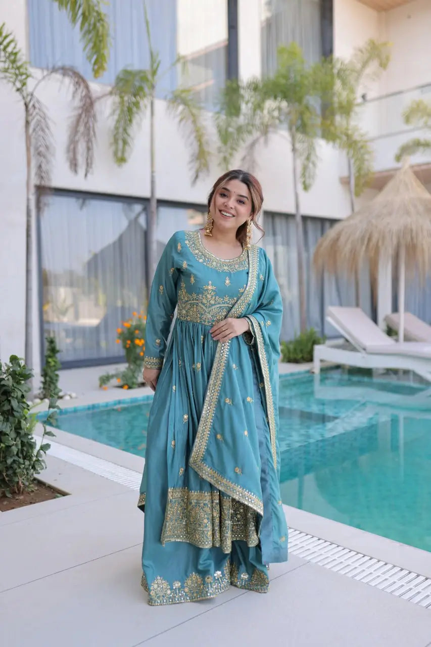 Super Silk Embroidered Kurti Sharara Set