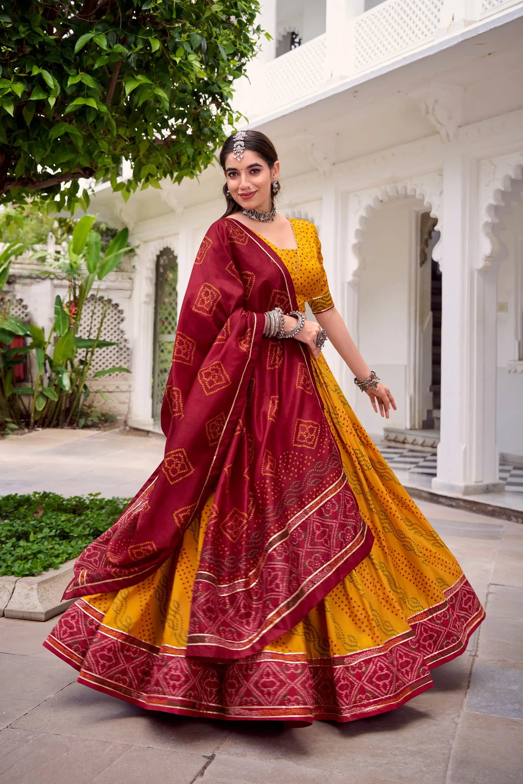 Tasar Silk Bandhej Print Lehenga Set