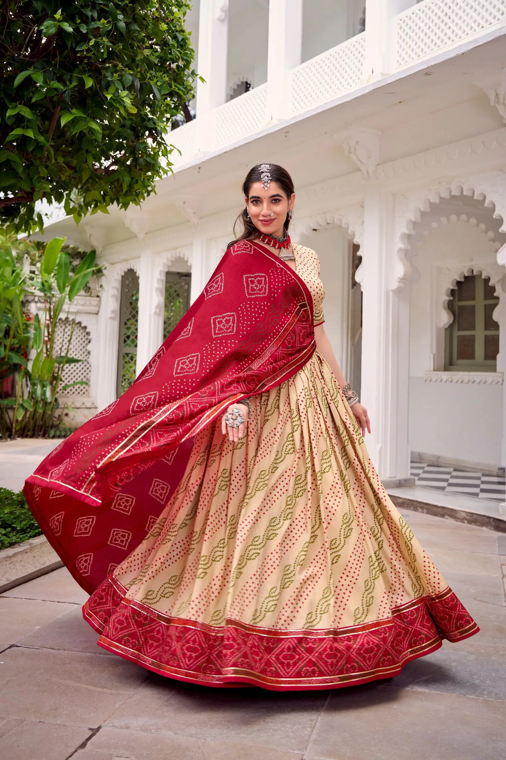 Tasar Silk Bandhej Print Lehenga Set
