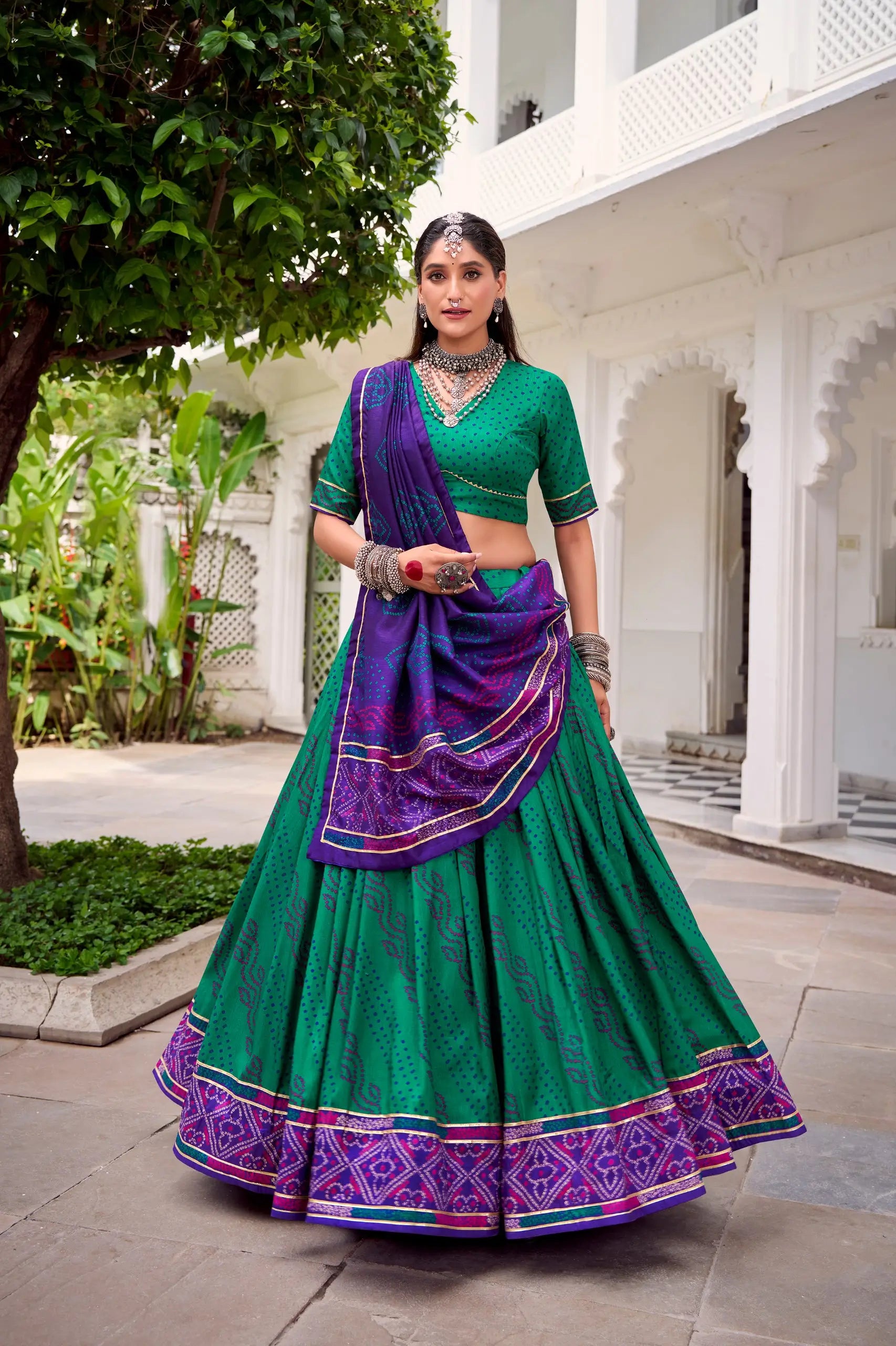 Tasar Silk Bandhej Print Lehenga Set