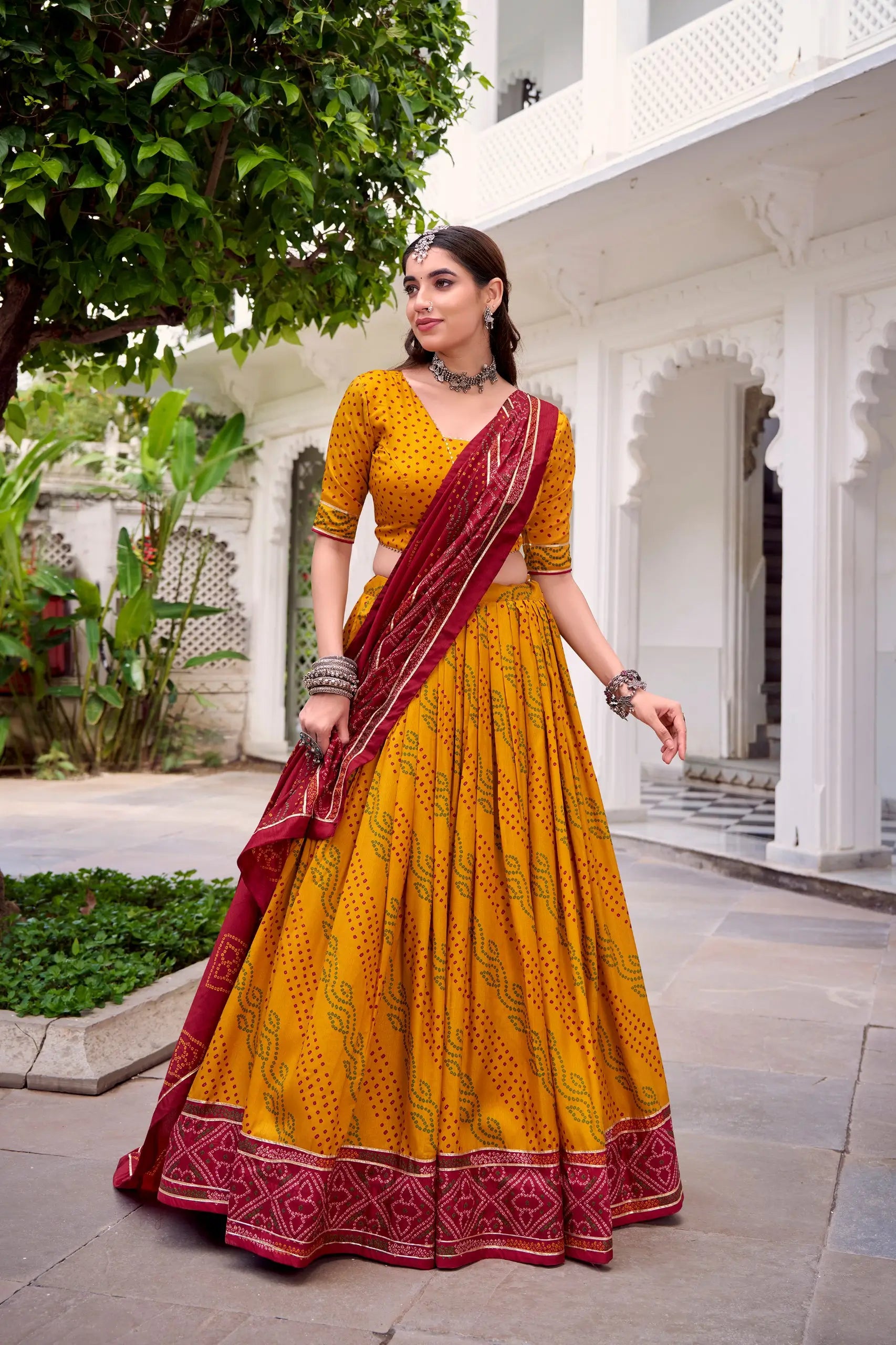 Tasar Silk Bandhej Print Lehenga Set