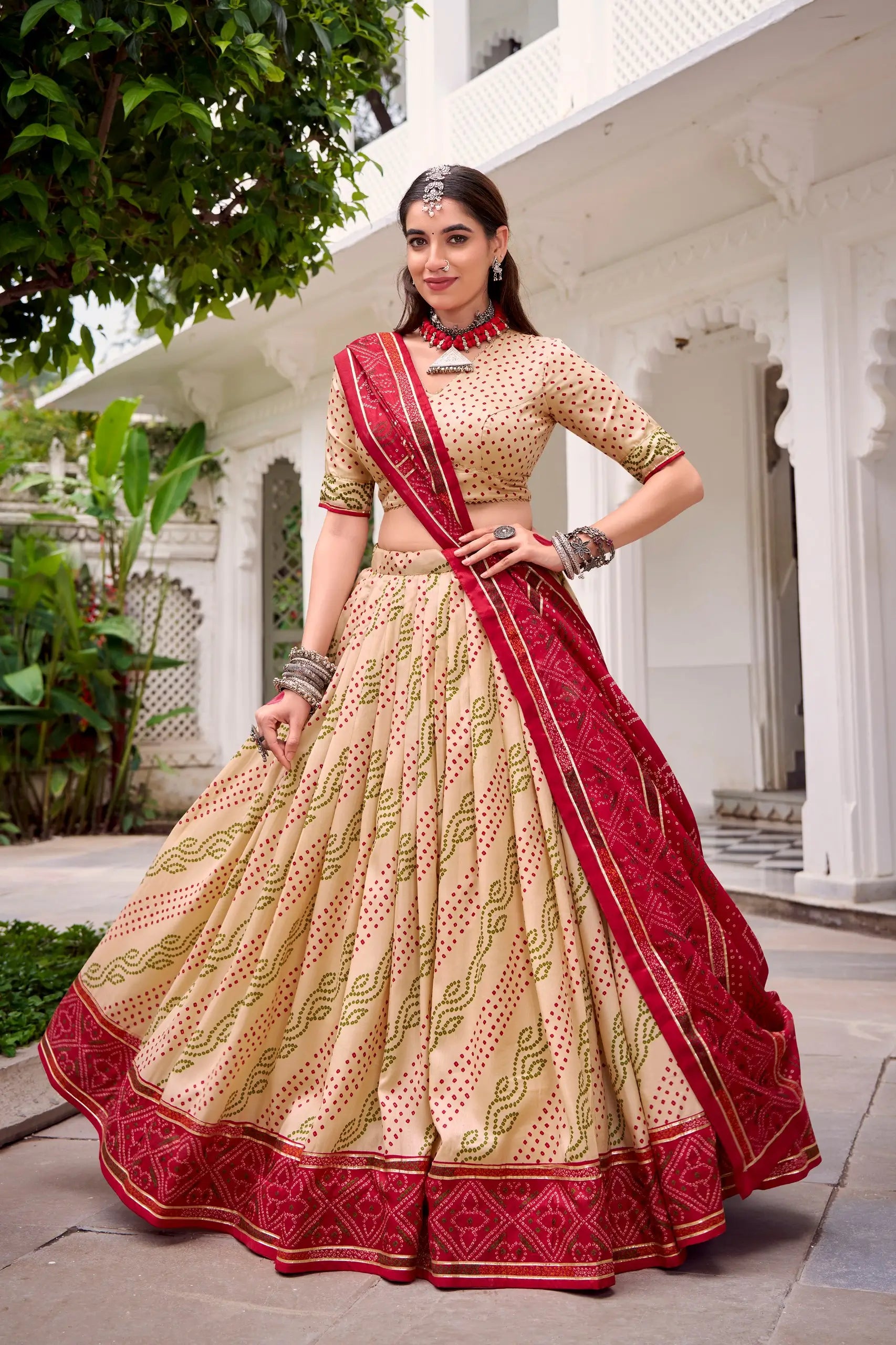 Tasar Silk Bandhej Print Lehenga Set