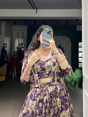 Tasar Silk Floral Print Lehenga Set with Koti