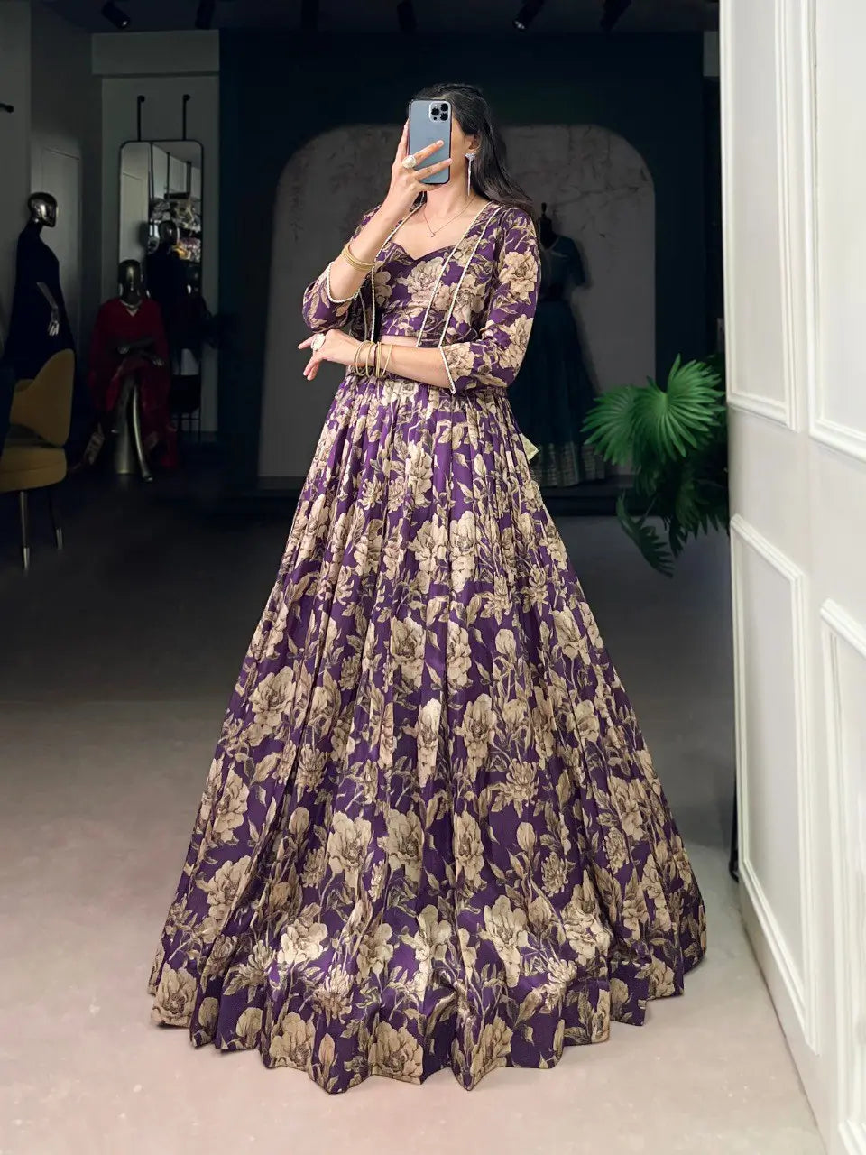 Tasar Silk Floral Print Lehenga Set with Koti