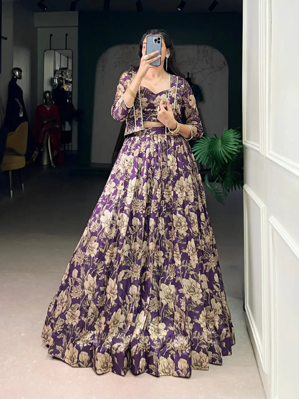 Tasar Silk Floral Print Lehenga Set with Koti