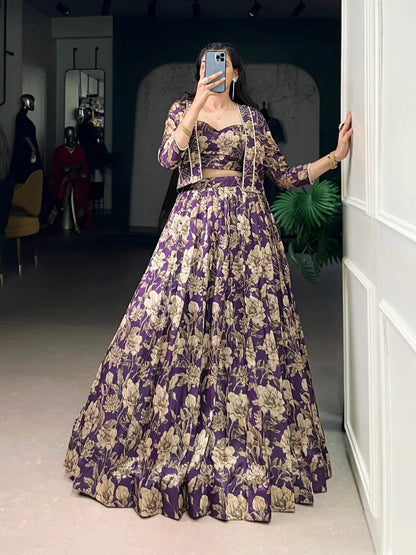 Tasar Silk Floral Print Lehenga Set with Koti