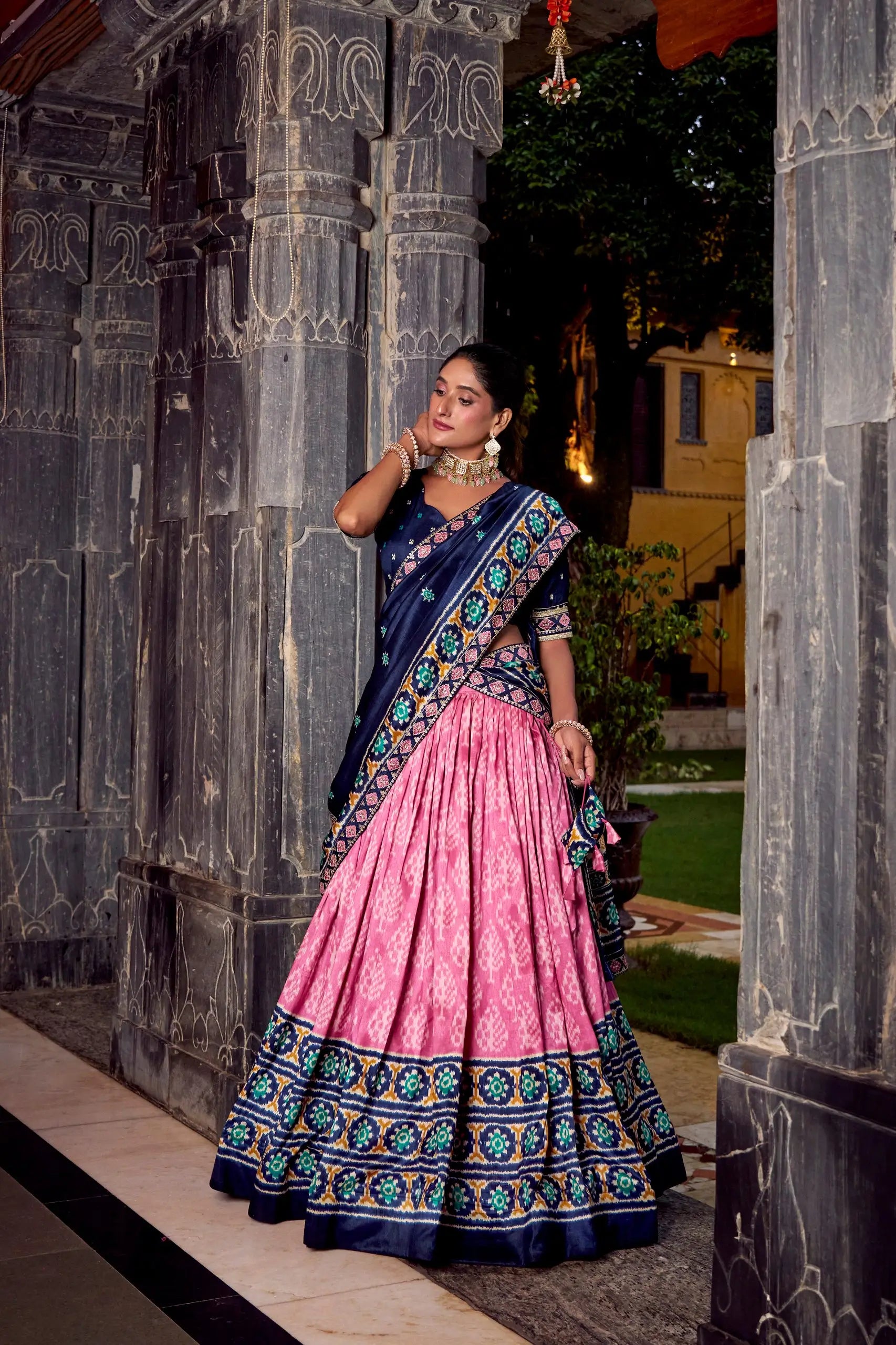 Tasar Silk Ikkat Print Lehenga Set