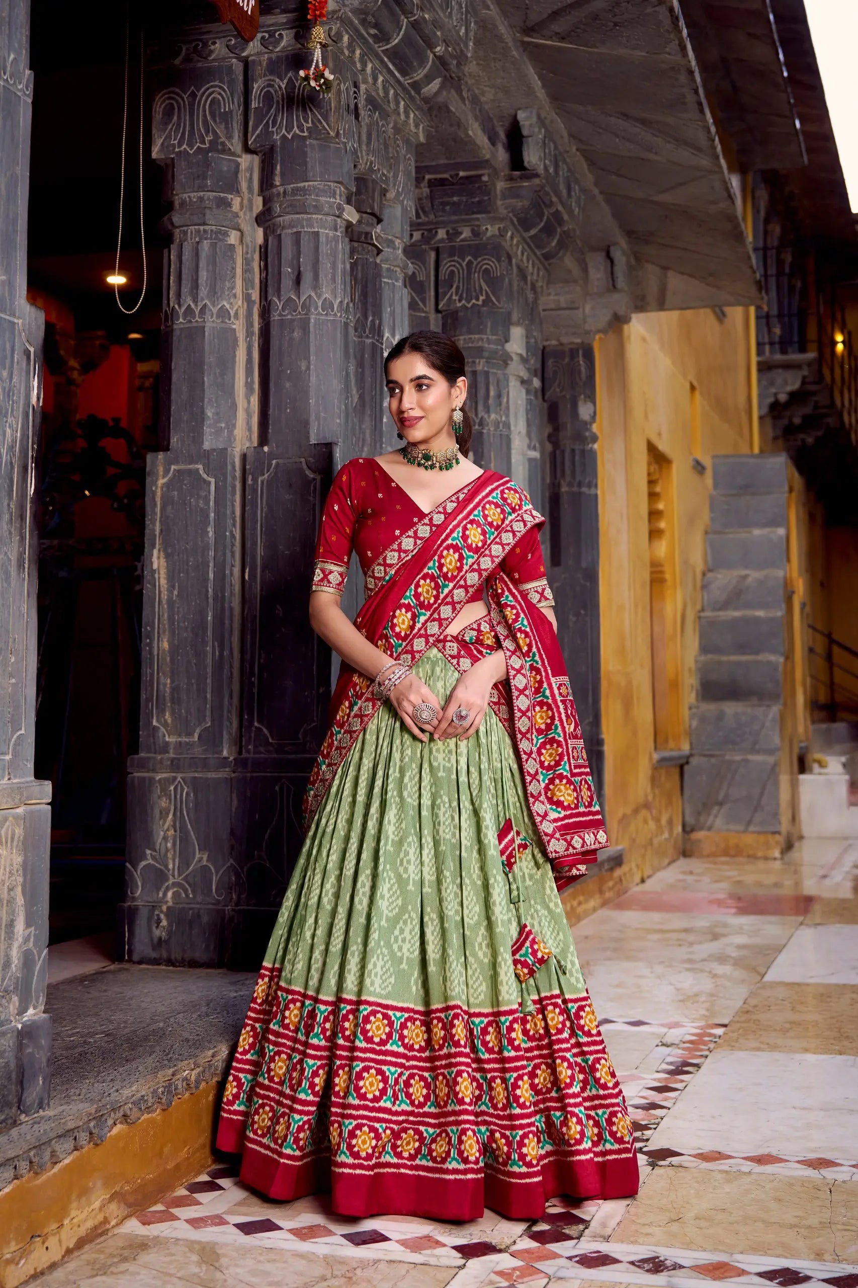 Tasar Silk Ikkat Print Lehenga Set