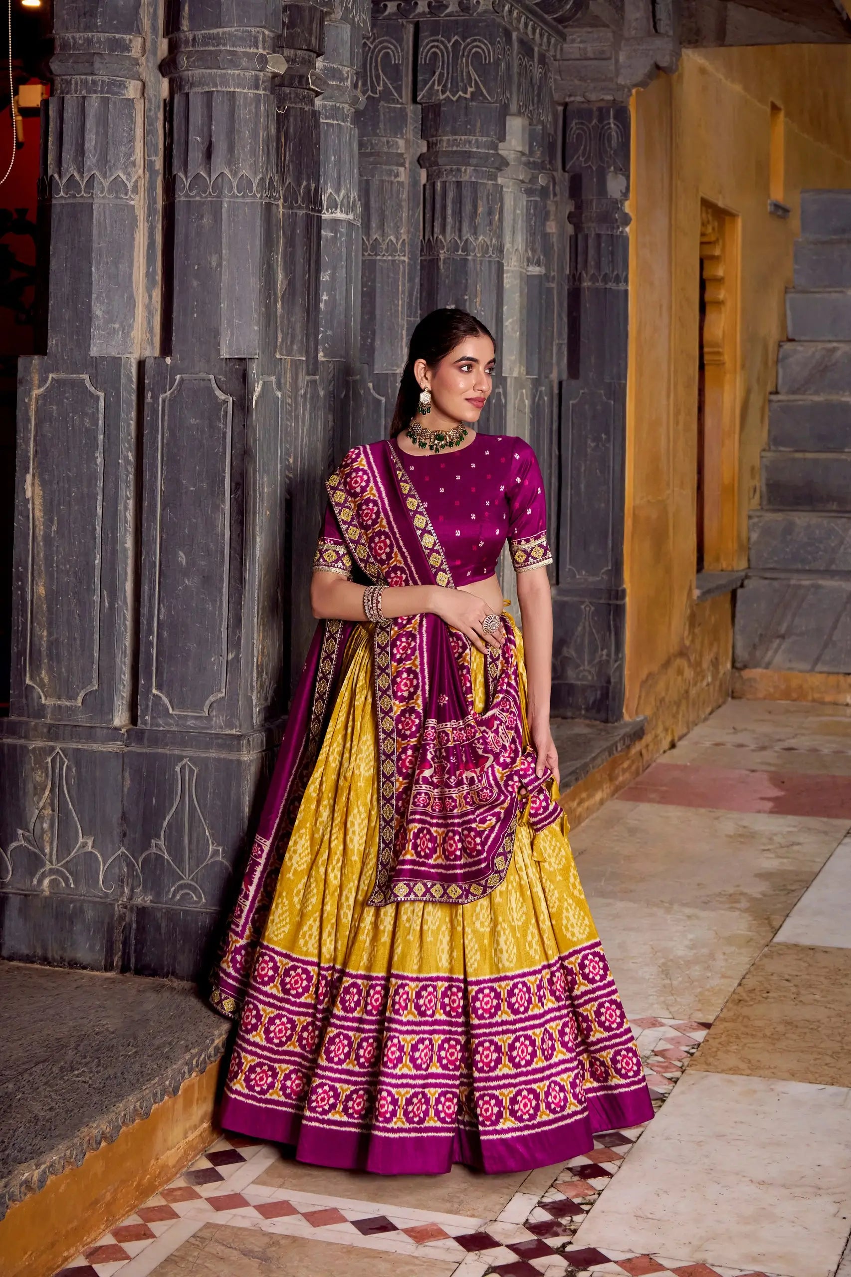 Tasar Silk Ikkat Print Lehenga Set