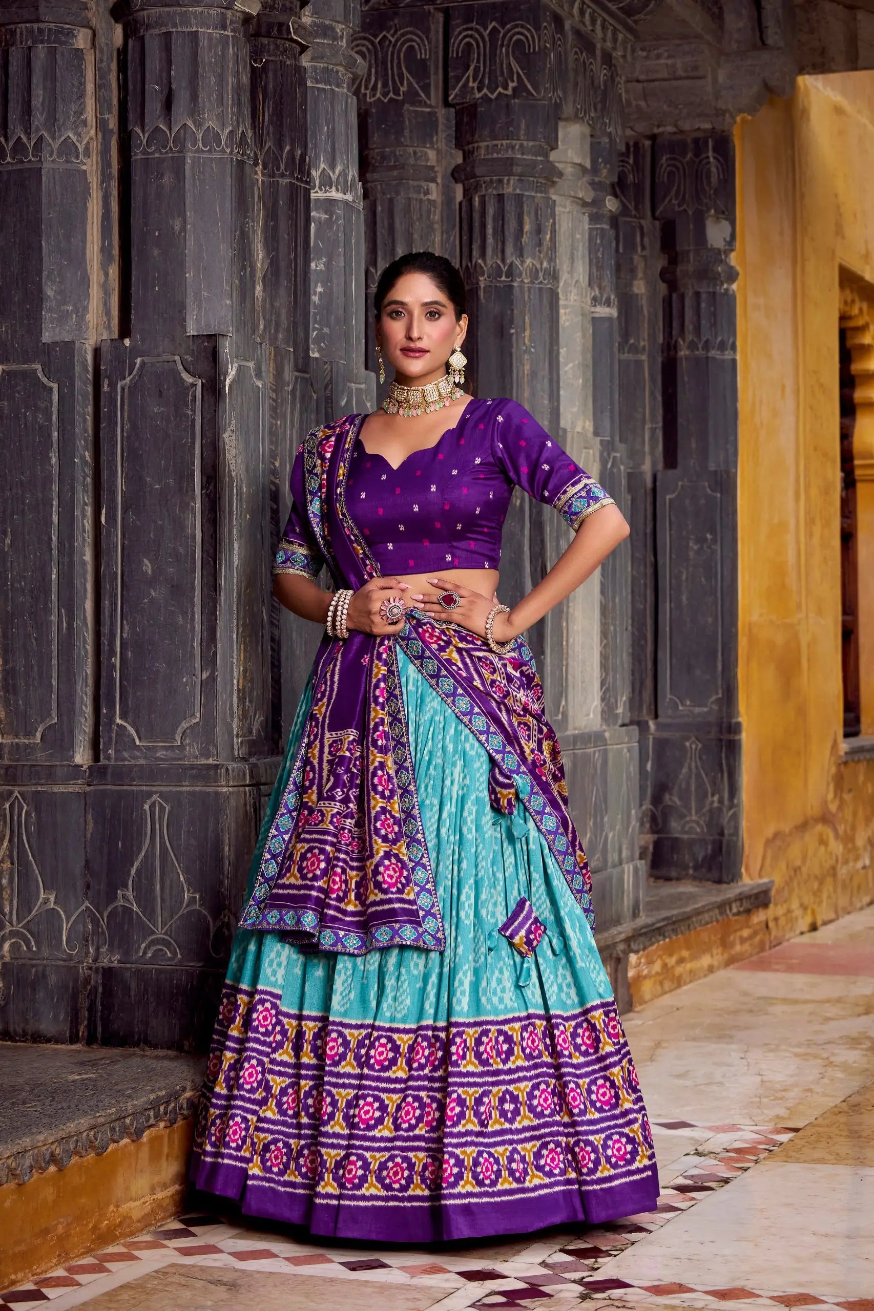 Tasar Silk Ikkat Print Lehenga Set