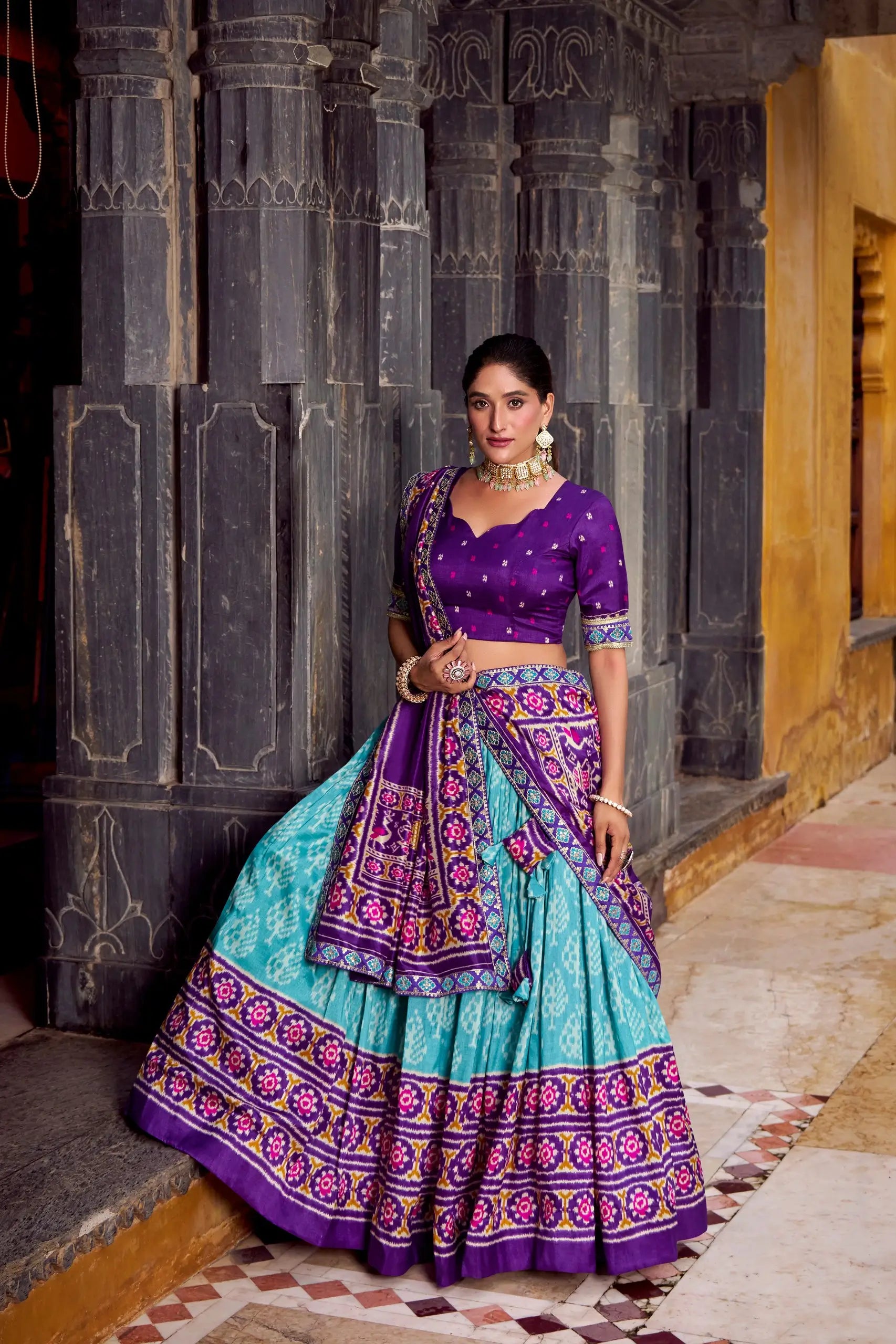 Tasar Silk Ikkat Print Lehenga Set