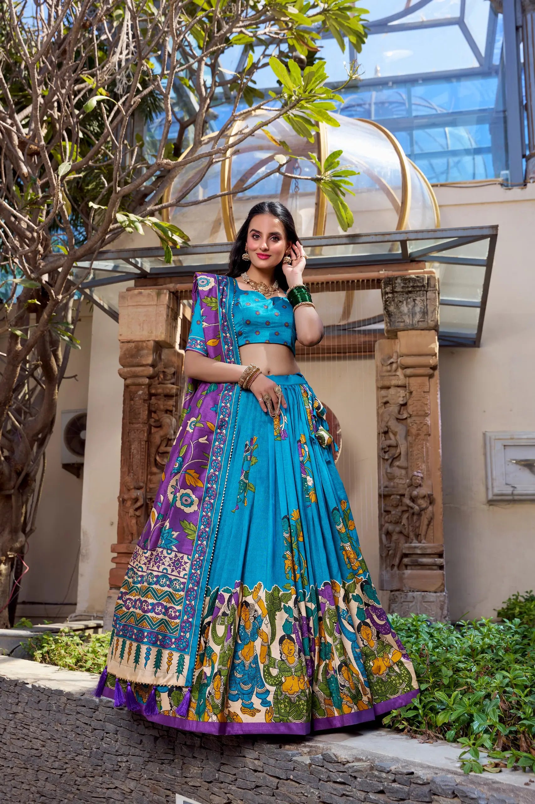 Tasar Silk Kalamkari Print Lehenga Set