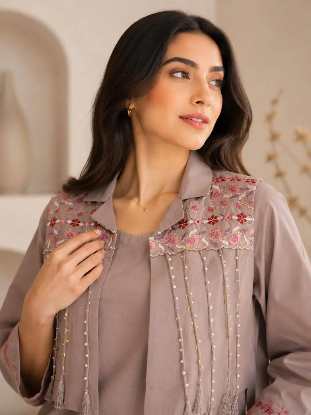 Taupe Fringe Jacket Co-ord