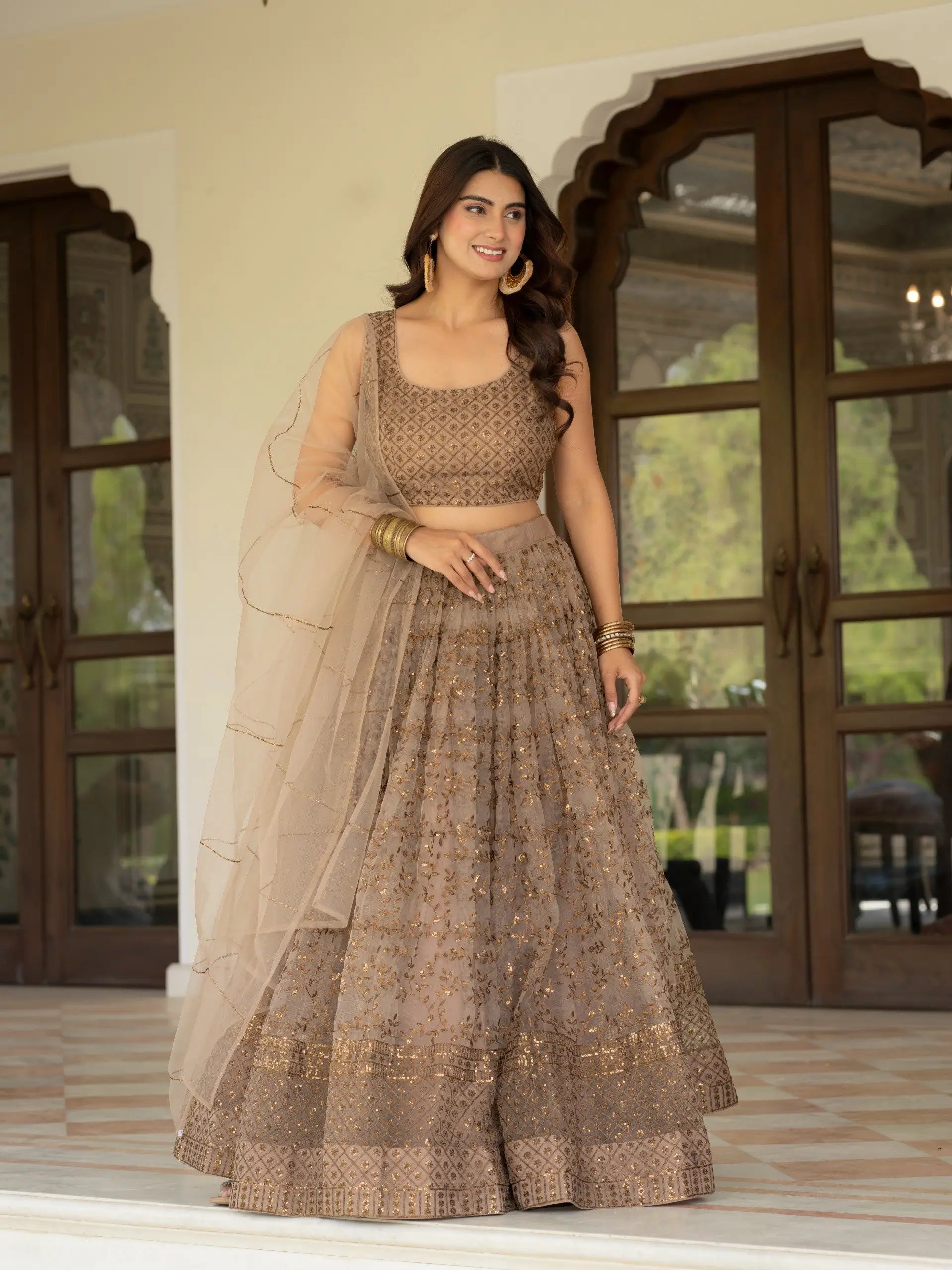 Taupe Net Lehenga with Zari Sequence Embroidery Work for Wedding and Festive Occasions