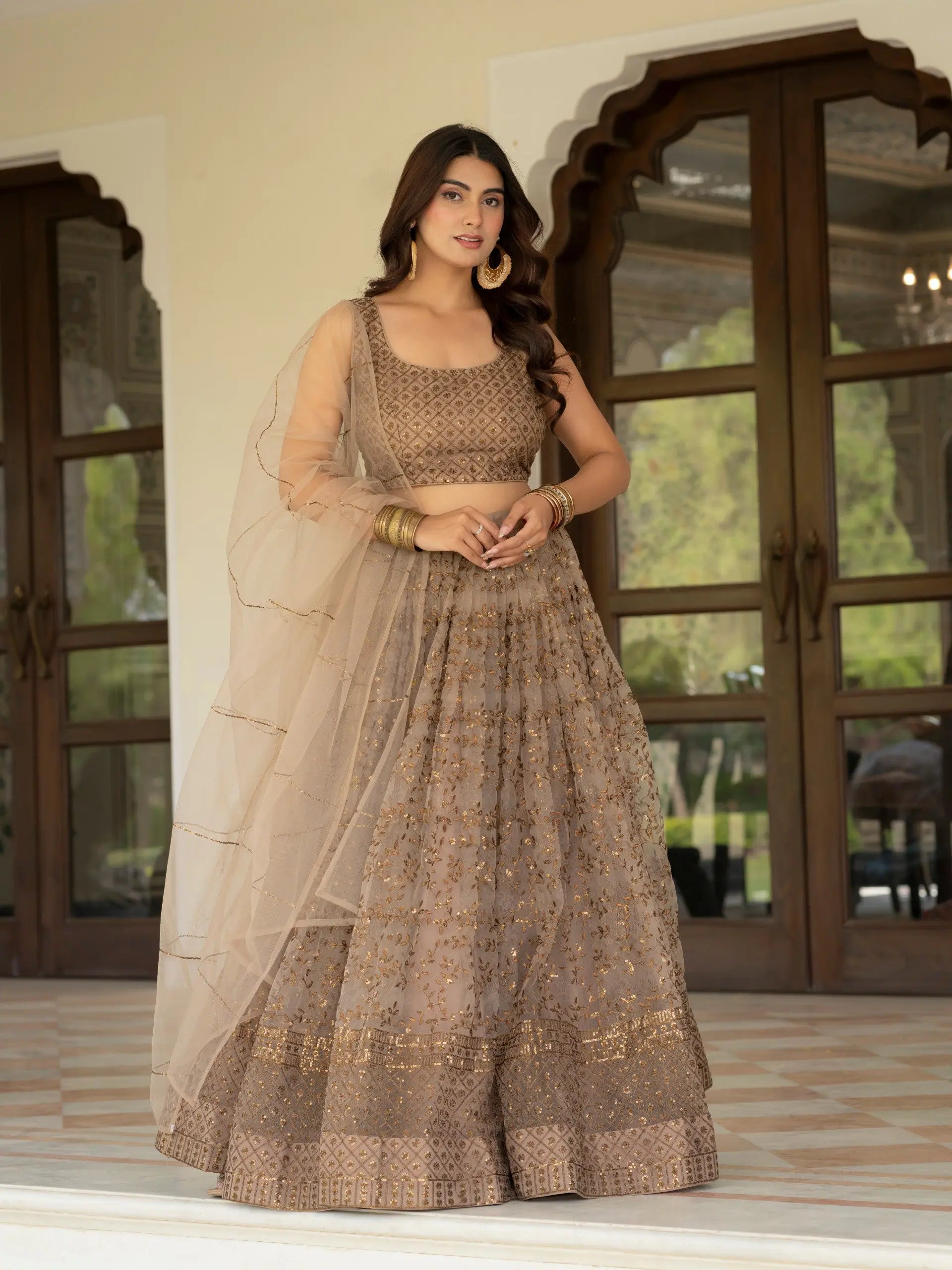 Taupe Net Lehenga with Zari Sequence Embroidery Work for Wedding and Festive Occasions