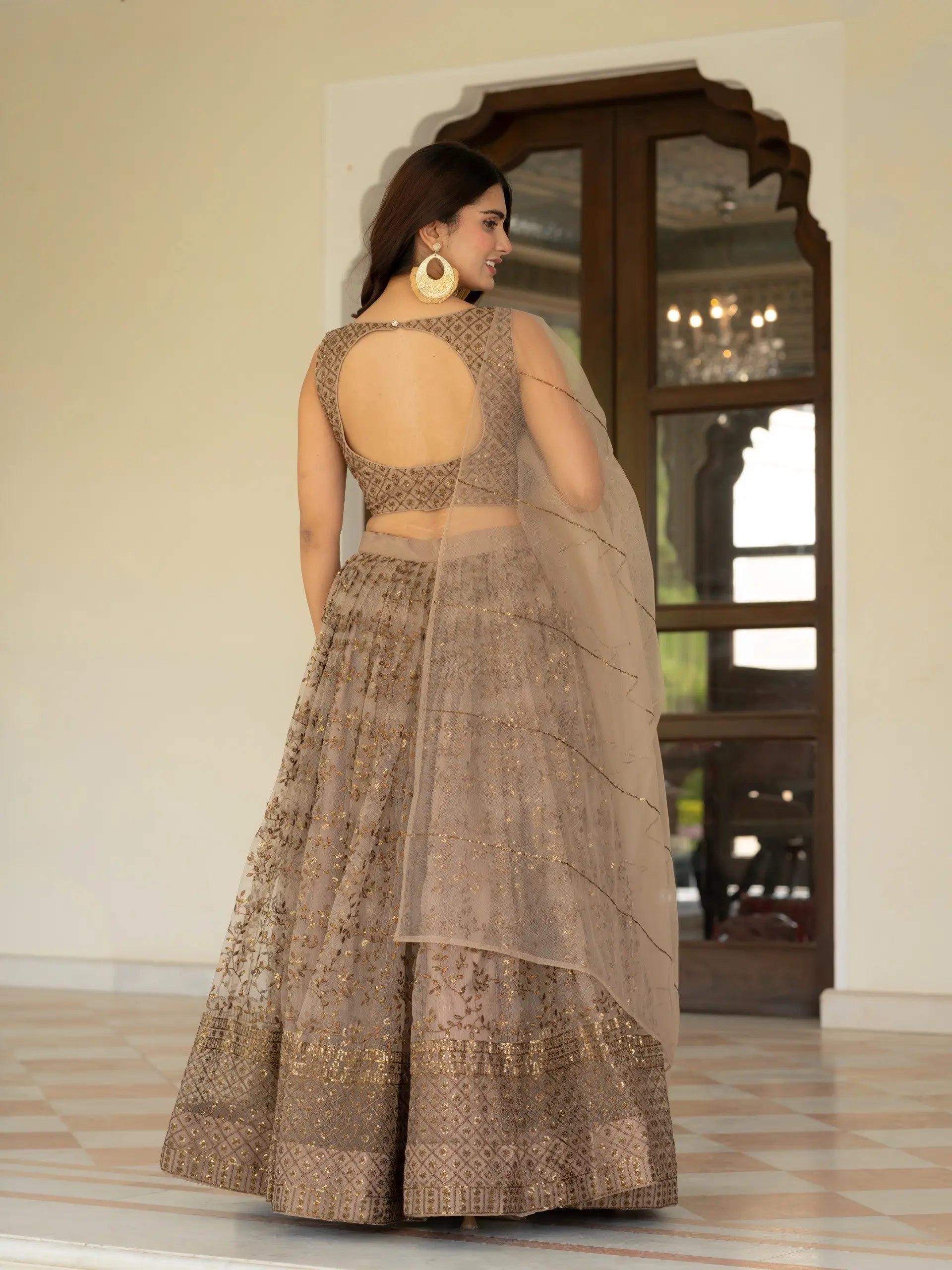 Taupe Net Lehenga with Zari Sequence Embroidery Work for Wedding and Festive Occasions