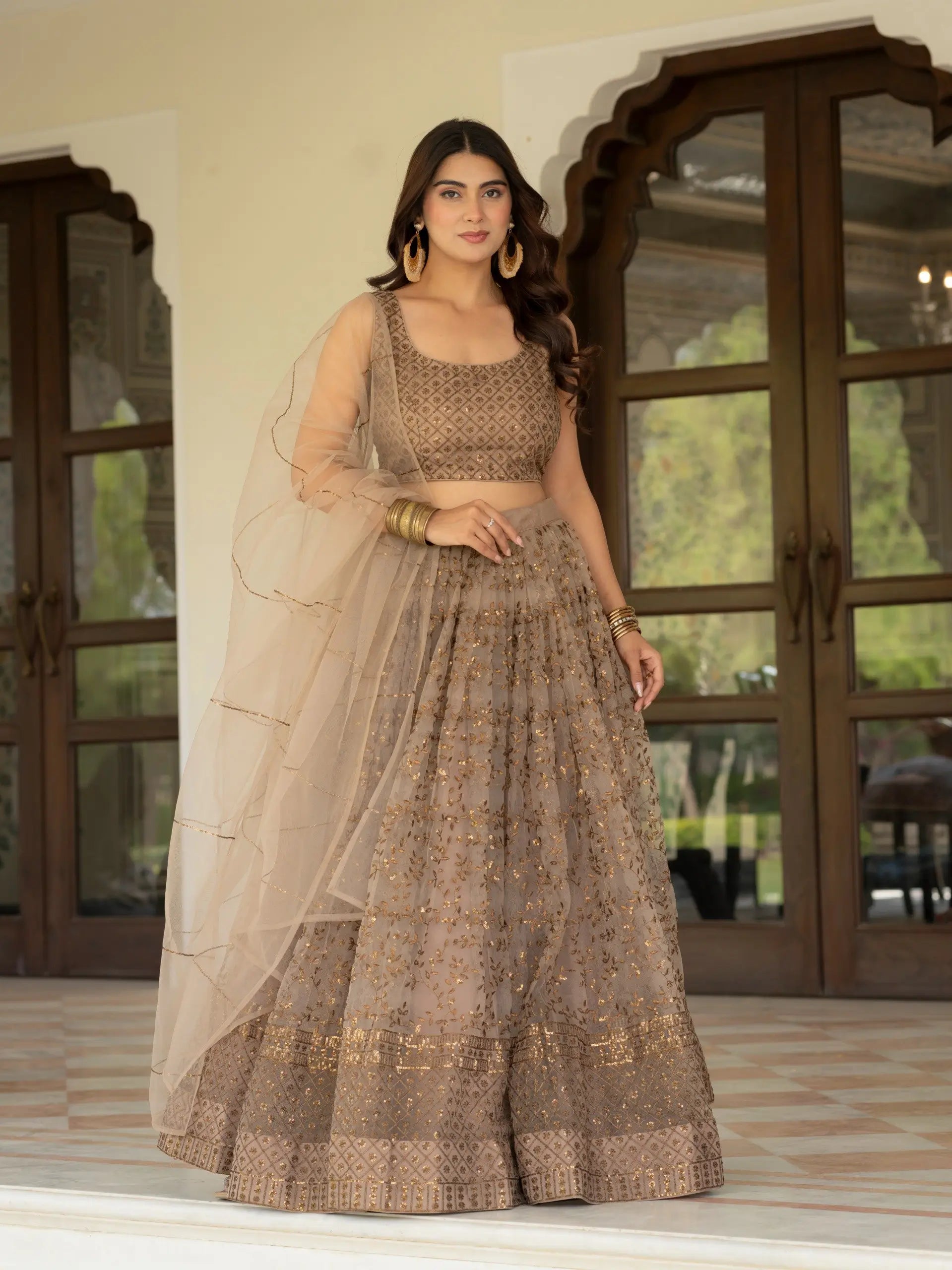 Taupe Net Lehenga with Zari Sequence Embroidery Work for Wedding and Festive Occasions