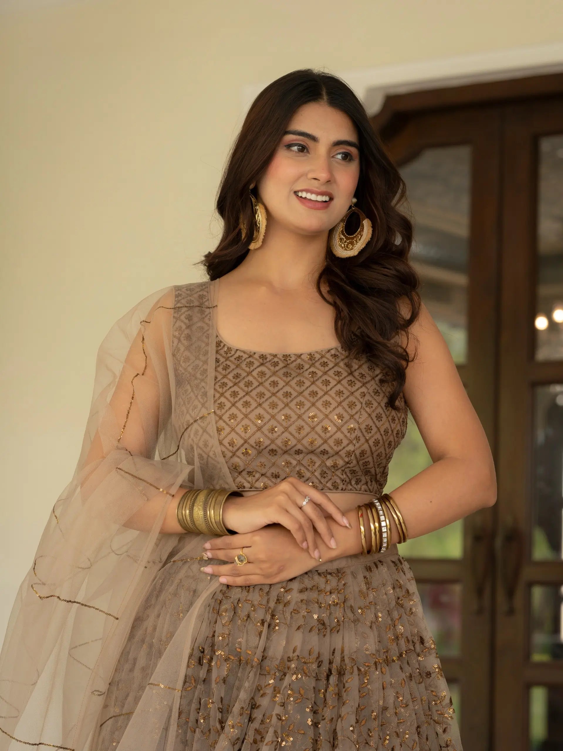 Taupe Net Lehenga with Zari Sequence Embroidery Work for Wedding and Festive Occasions