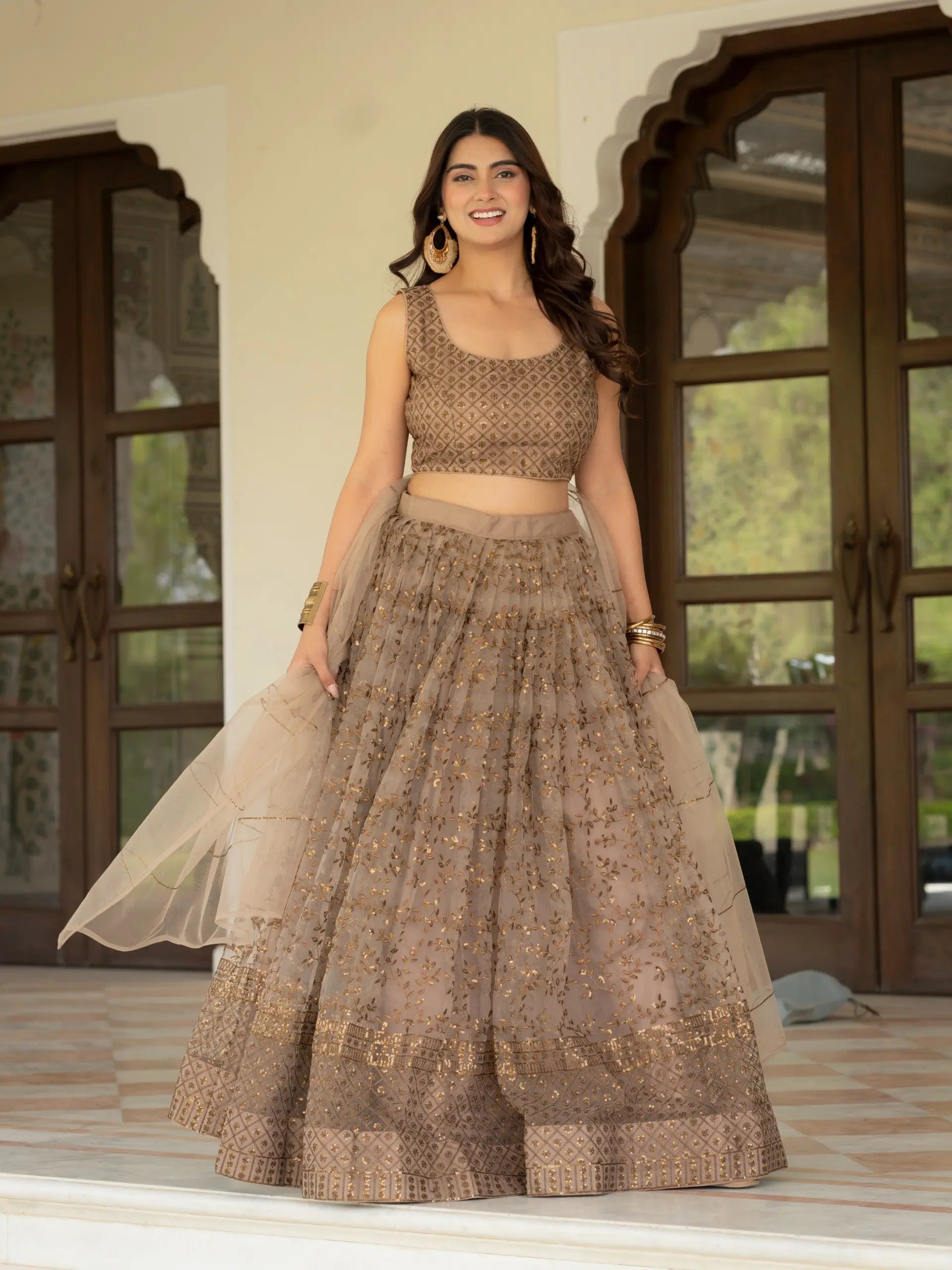 Taupe Net Lehenga with Zari Sequence Embroidery Work for Wedding and Festive Occasions