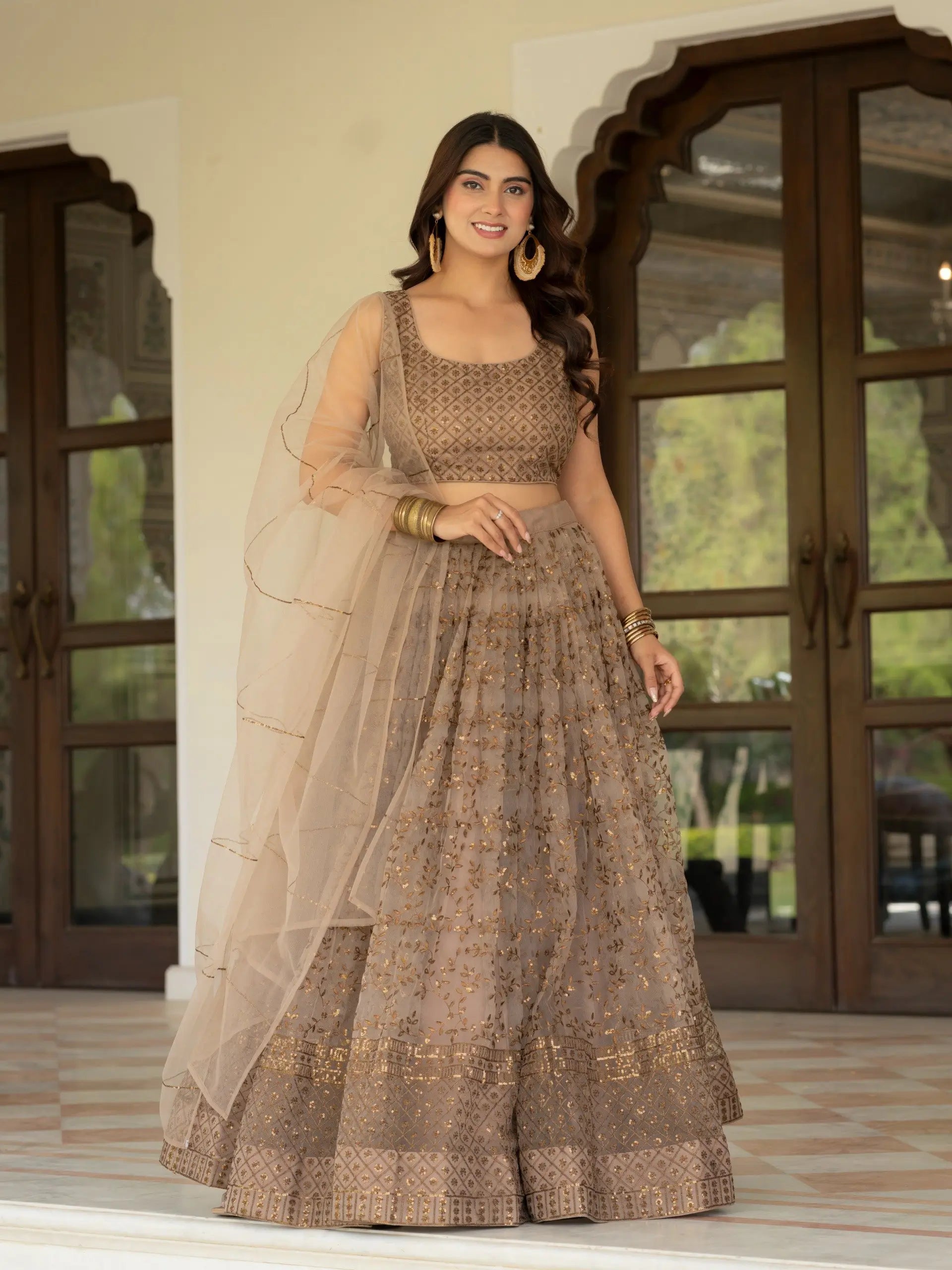 Taupe Net Lehenga with Zari Sequence Embroidery Work for Wedding and Festive Occasions