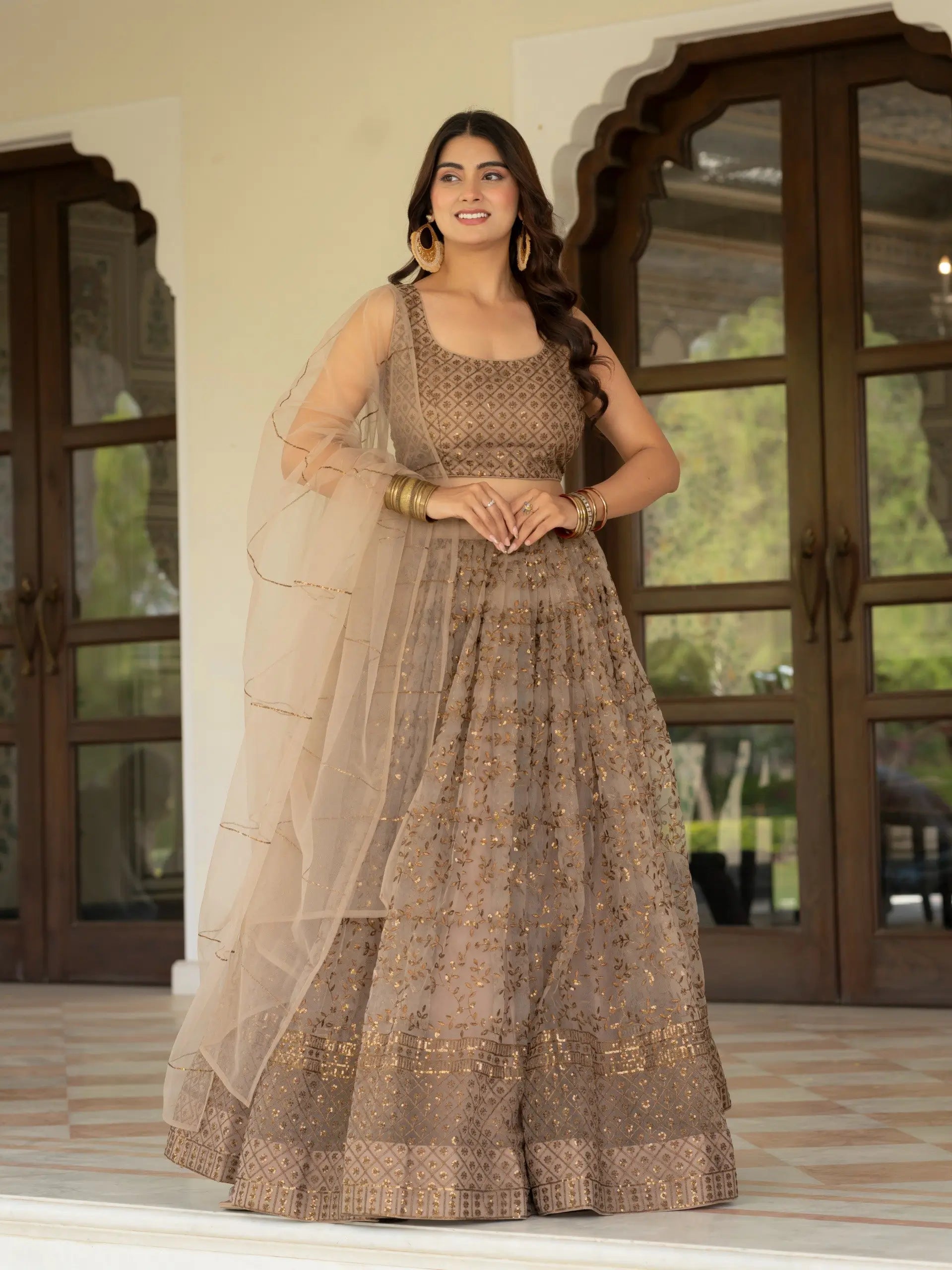 Taupe Net Lehenga with Zari Sequence Embroidery Work for Wedding and Festive Occasions