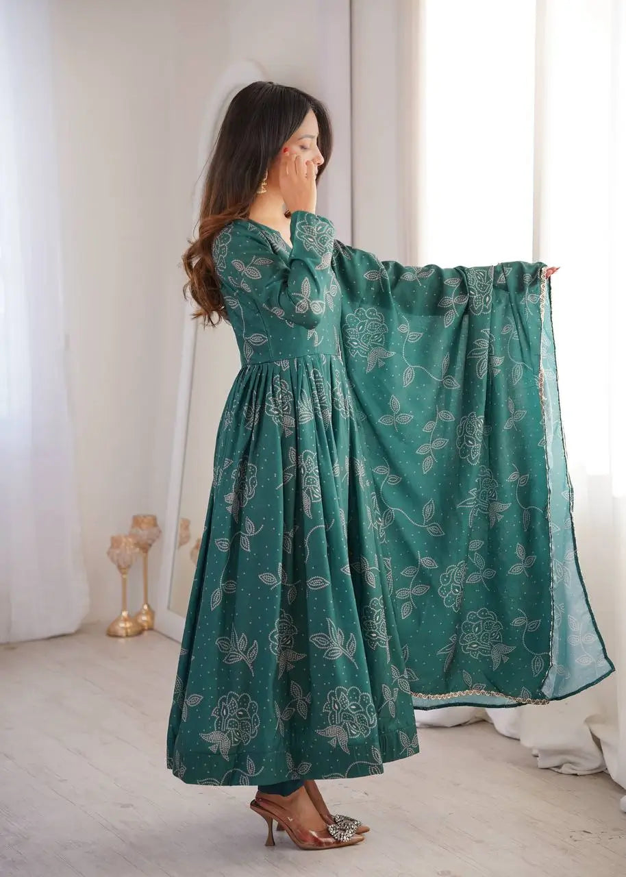 Teal Bandhani Print Muslin Anarkali with Dupatta