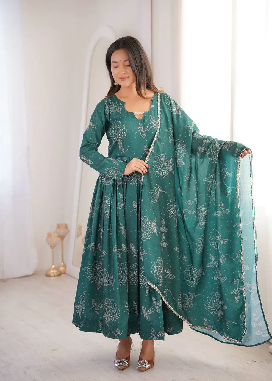 Teal Bandhani Print Muslin Anarkali with Dupatta