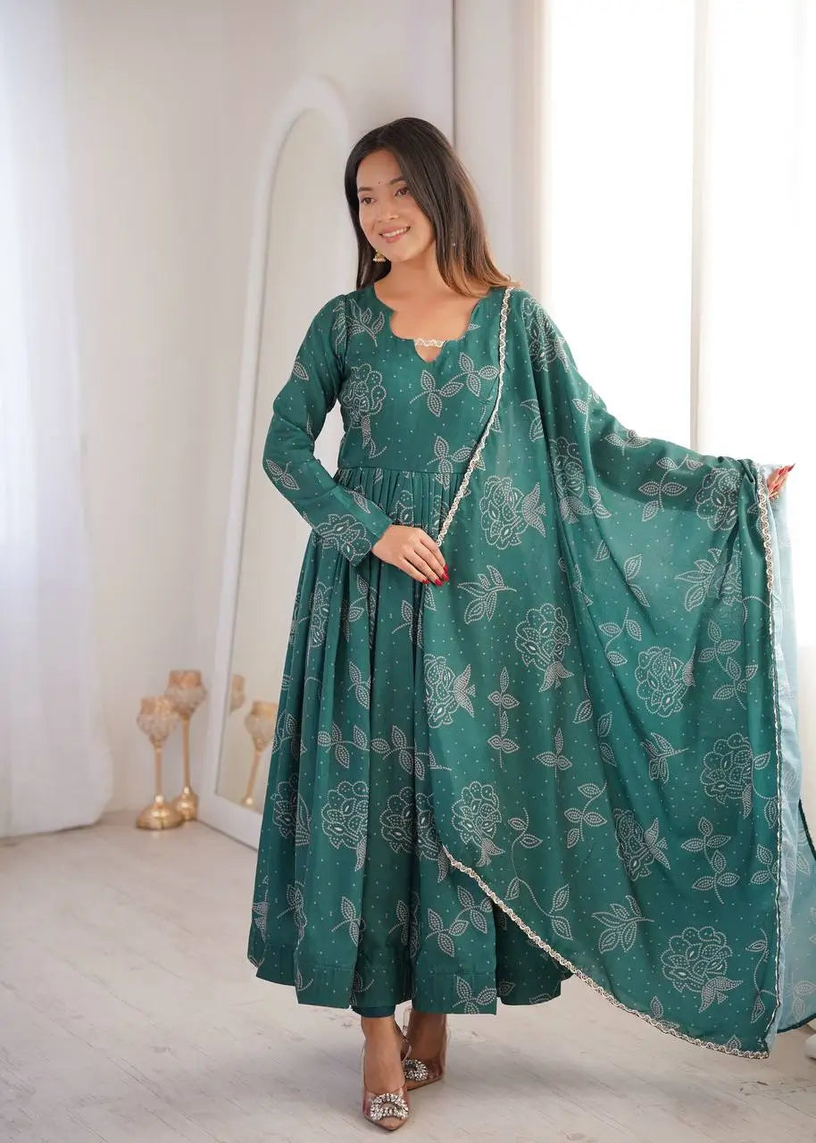 Teal Bandhani Print Muslin Anarkali with Dupatta