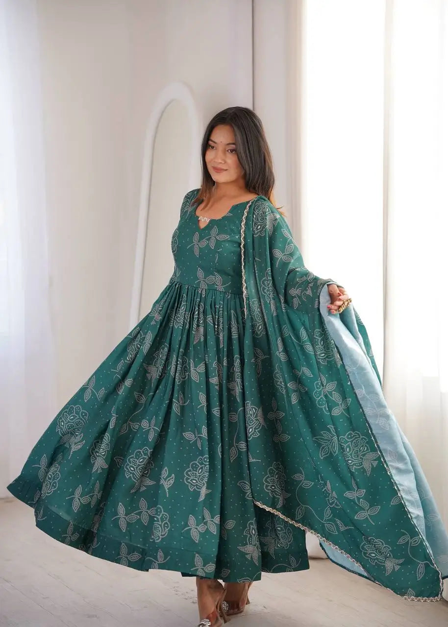 Teal Bandhani Print Muslin Anarkali with Dupatta