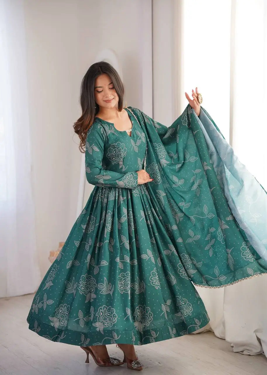 Teal Bandhani Print Muslin Anarkali with Dupatta