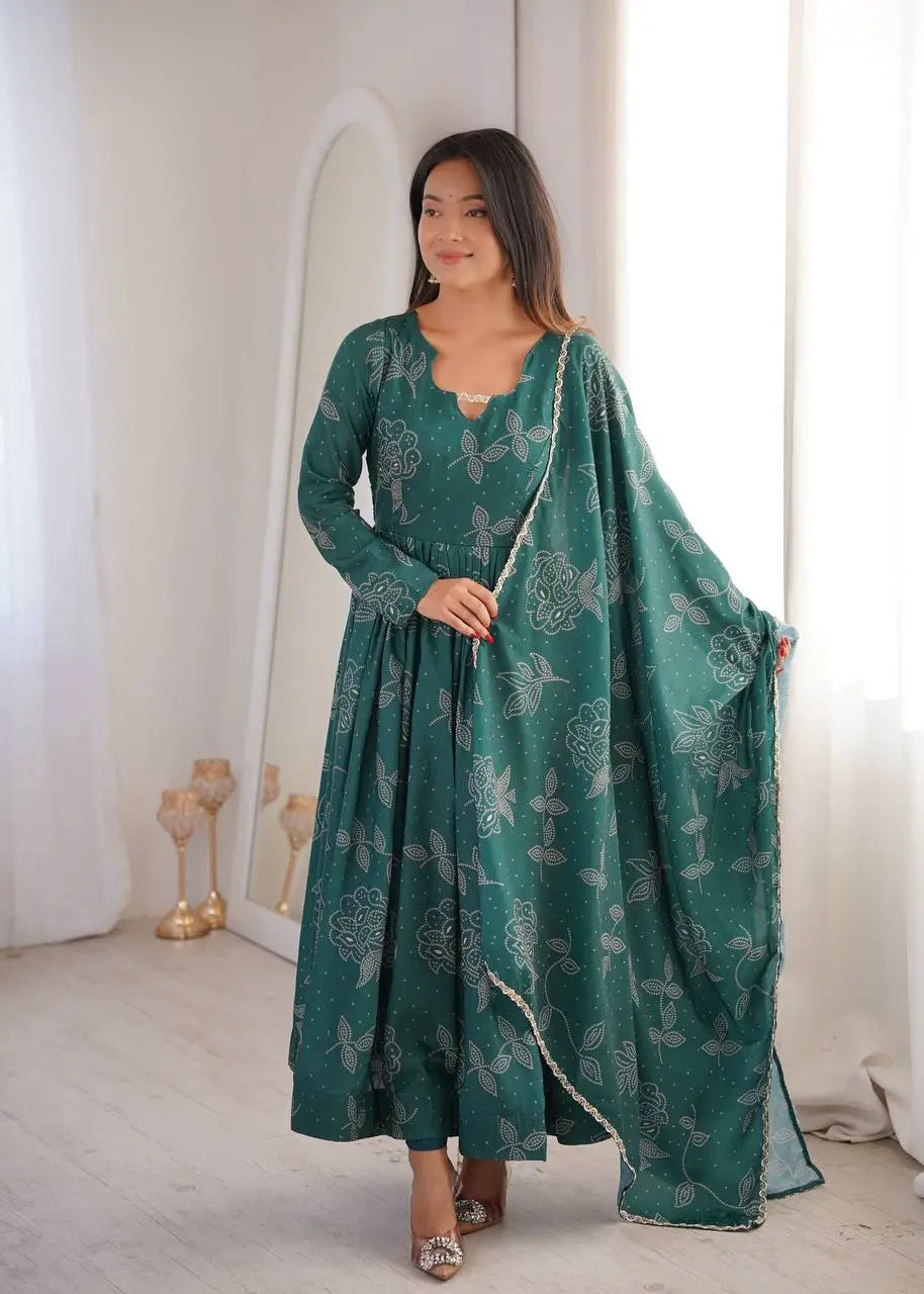 Teal Bandhani Print Muslin Anarkali with Dupatta