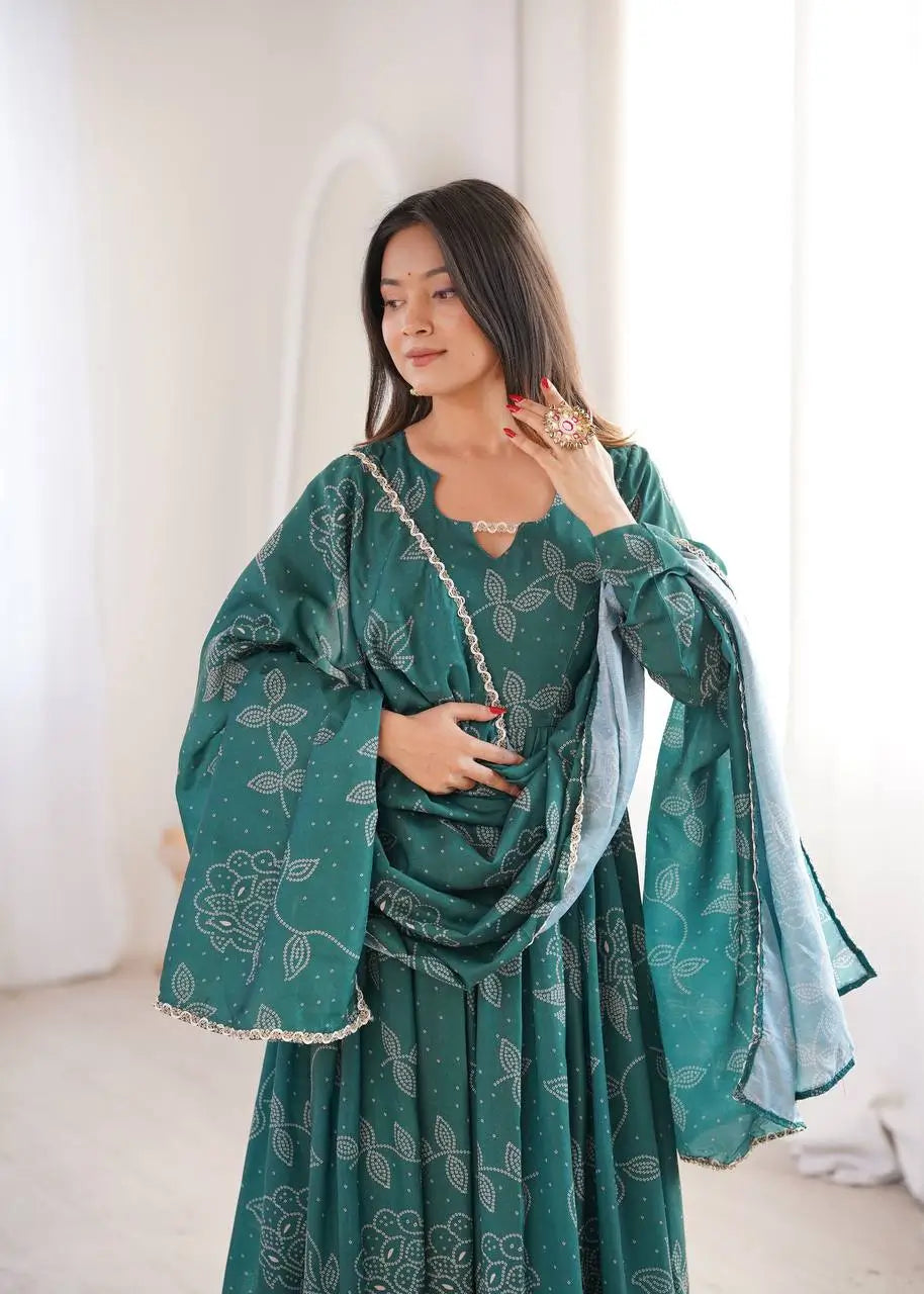 Teal Bandhani Print Muslin Anarkali with Dupatta
