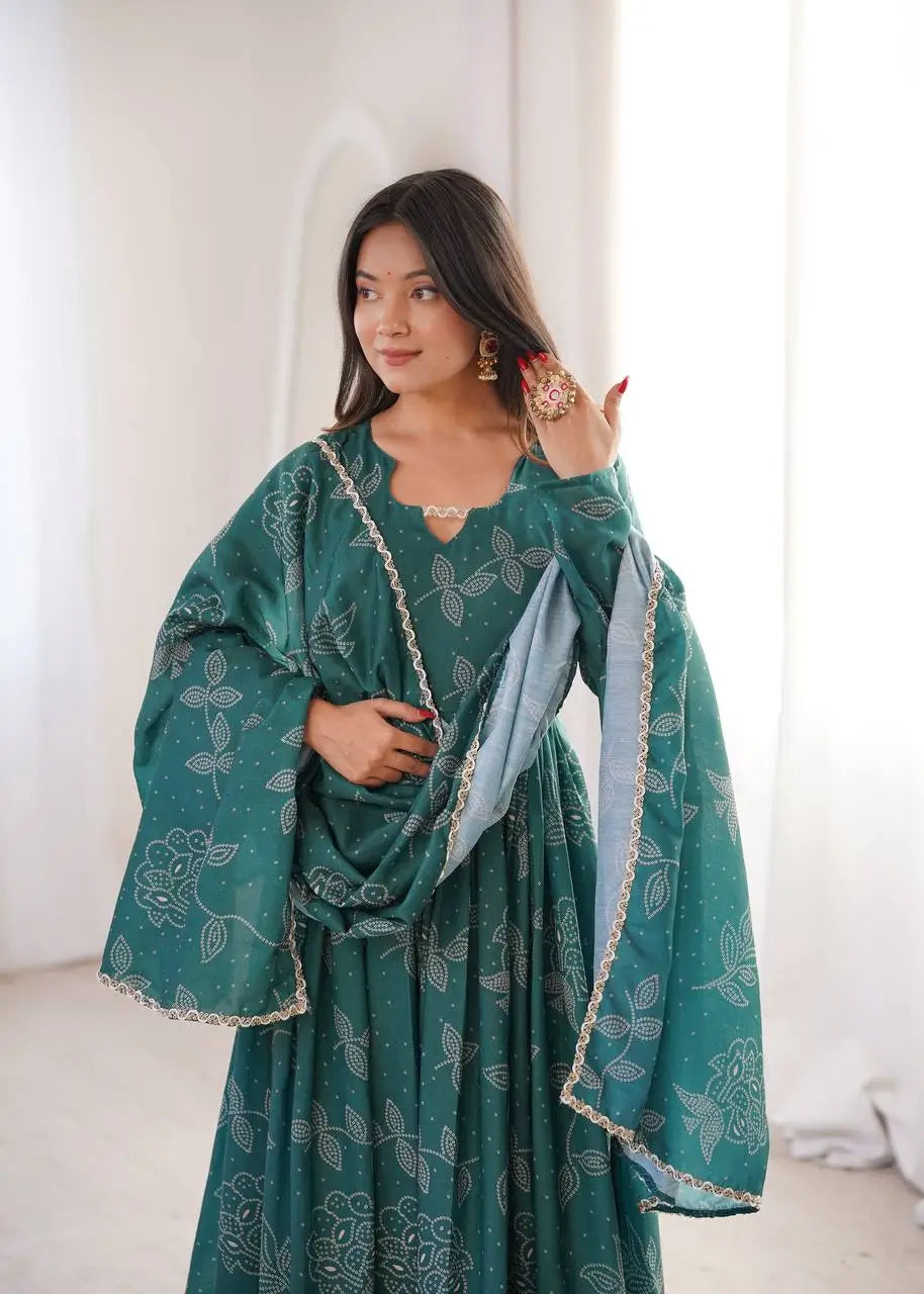 Teal Bandhani Print Muslin Anarkali with Dupatta