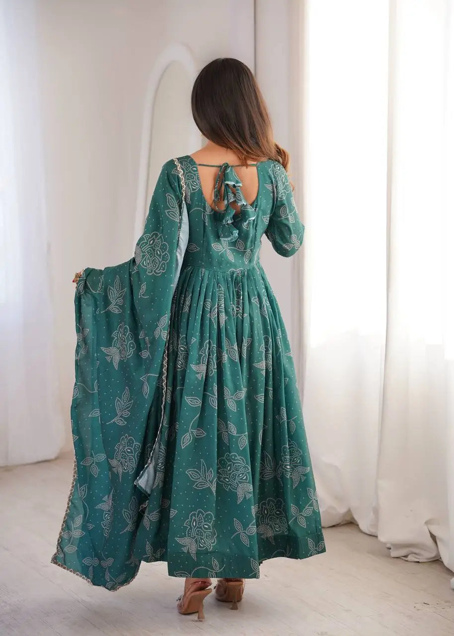 Teal Bandhani Print Muslin Anarkali with Dupatta