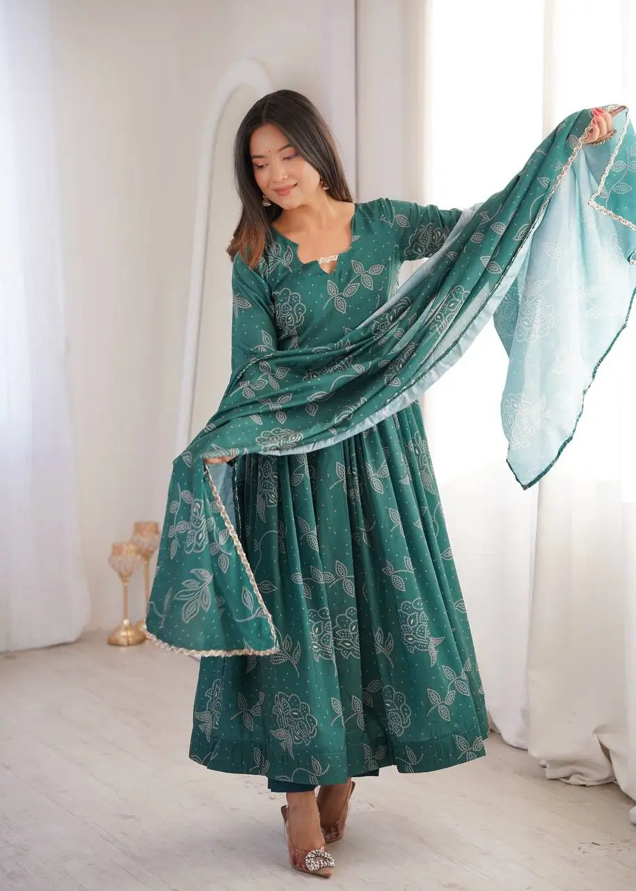 Teal Bandhani Print Muslin Anarkali with Dupatta