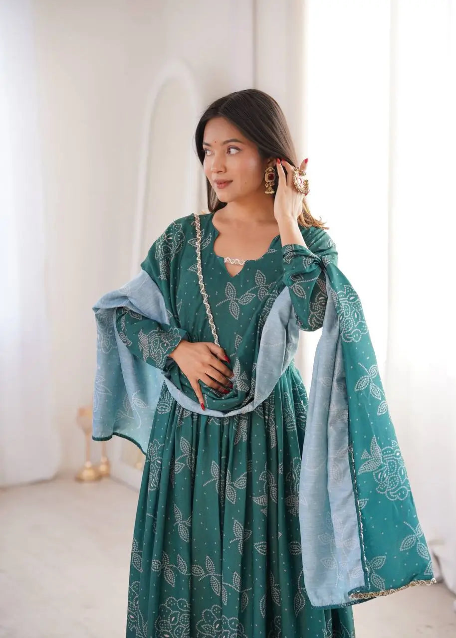 Teal Bandhani Print Muslin Anarkali with Dupatta
